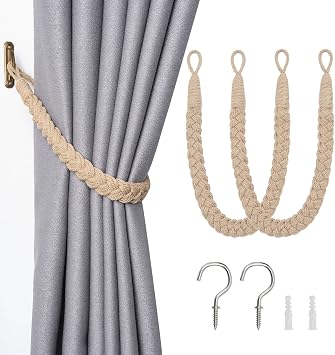 NICEEC 2 Pack Natural Cotton Rope Curtain Tiebacks Elegant Boho Style Decorative Drape Tie Backs Soft Hand-Woven Rope Curtain Holdbacks with Metal Hook for Home & Office Drapery Dark Beige