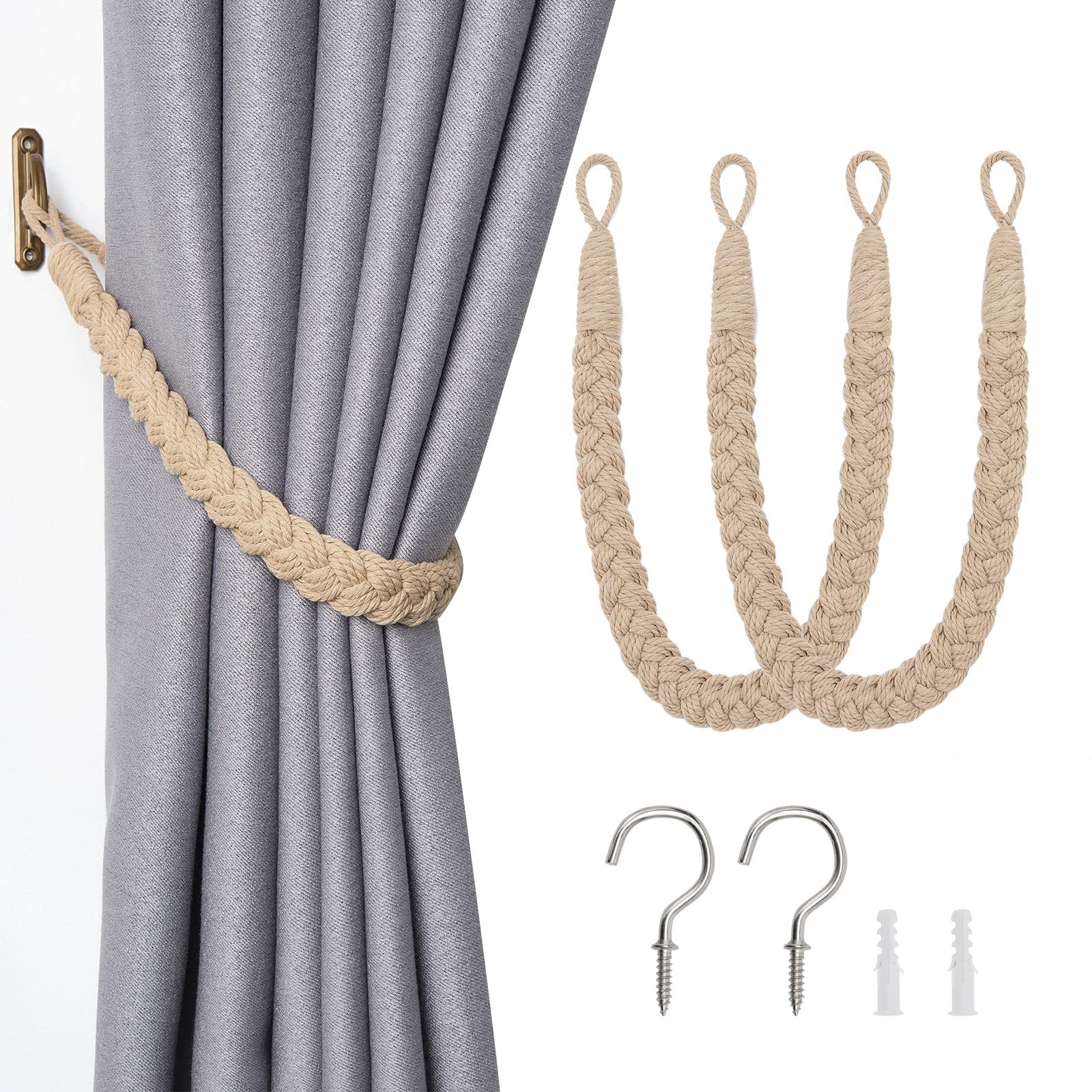 Pretty Jolly 2 Pack Natural Cotton Rope Curtain Tiebacks Elegant Boho ...