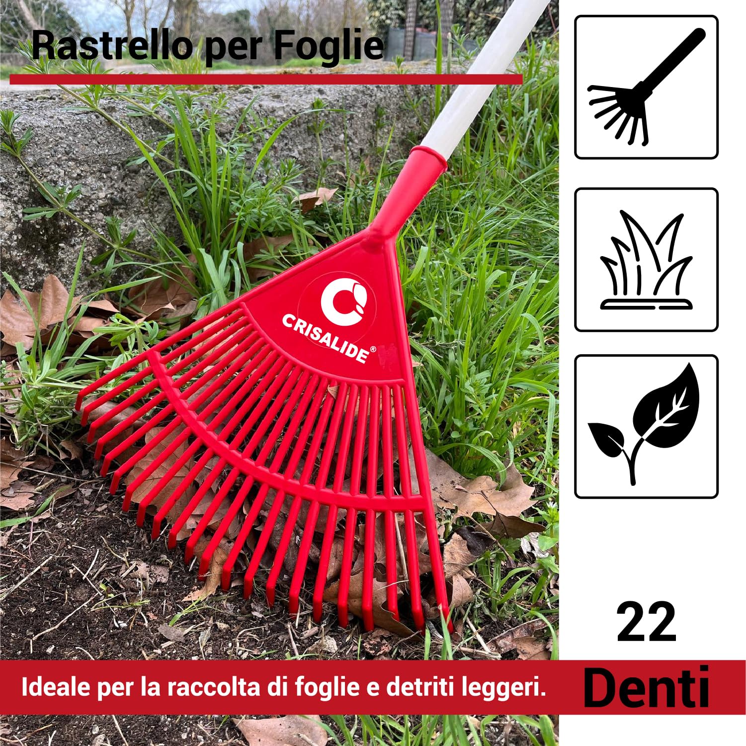 Crisalide®- Rastrello In PVC 22 Denti 40x40CM Con Barra Di Rinforzo, Completo Di Manico In Faggio 150CM, Ideale Per Foglie E Piccoli Detriti