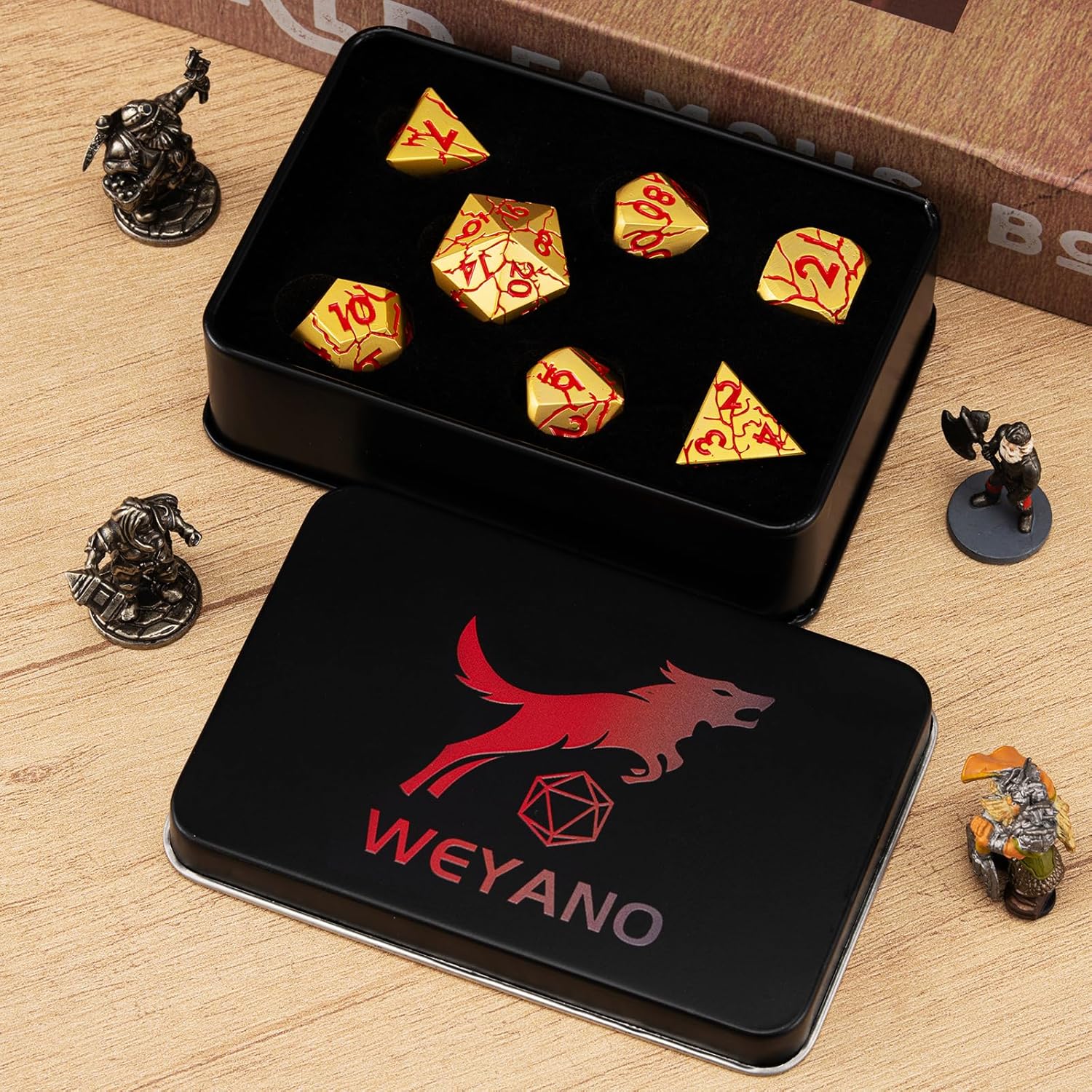 DND Dice Set Metal,Polyhedral D&D Metallic Heterotypic D and D Dice with Cracks for Dungeons and Dragons RPG TTRPG 7-Die Set with Gift Case (Crack, Gold and Red)