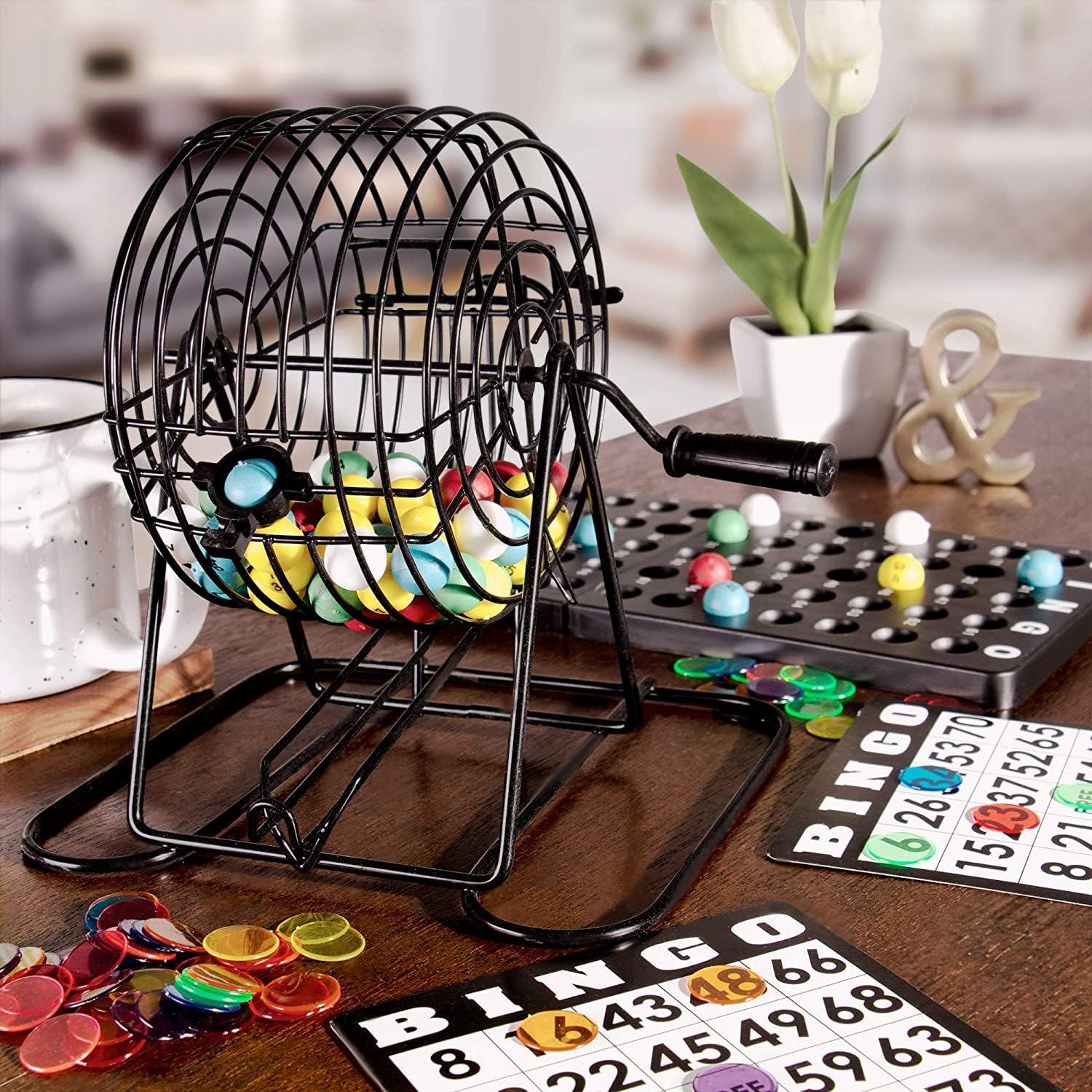 GSE Games & Sports Expert Deluxe Bingo Game Set with Steel Cage,Master Board, 75 Balls, 150 Chips, 18 Bingo Cards for Friend Parties, Game Night
