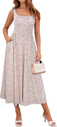 YATHON Women's Summer Floral Midi Dress Casual Square Neck Flowy Wedding Guest Dresses Beach Vacation Sundress with Pocket