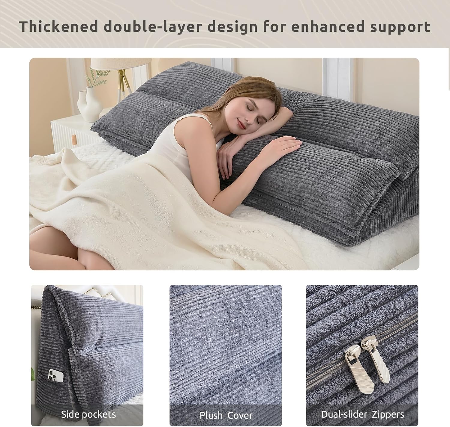 Zelladorra Wedge Pillow Headboard, Headboard Pillow Queen for Reading or Sitting, Bolster Pillow with Large Memory Foam, Removable Cover, Dark Grey