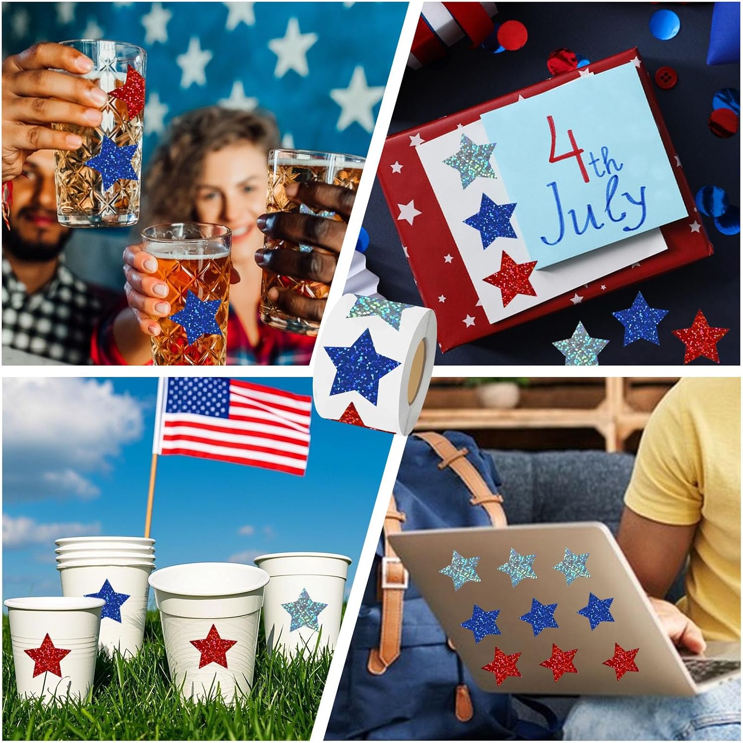 500pcs 4th of July Patriotic Stickers,Red White and Blue Laser Glitter Star Sticker,1.5Inch Self Adhesive Patriotic Sticker,for Envelopes, Gift Box Classroom，Independence Day Reward Decorations