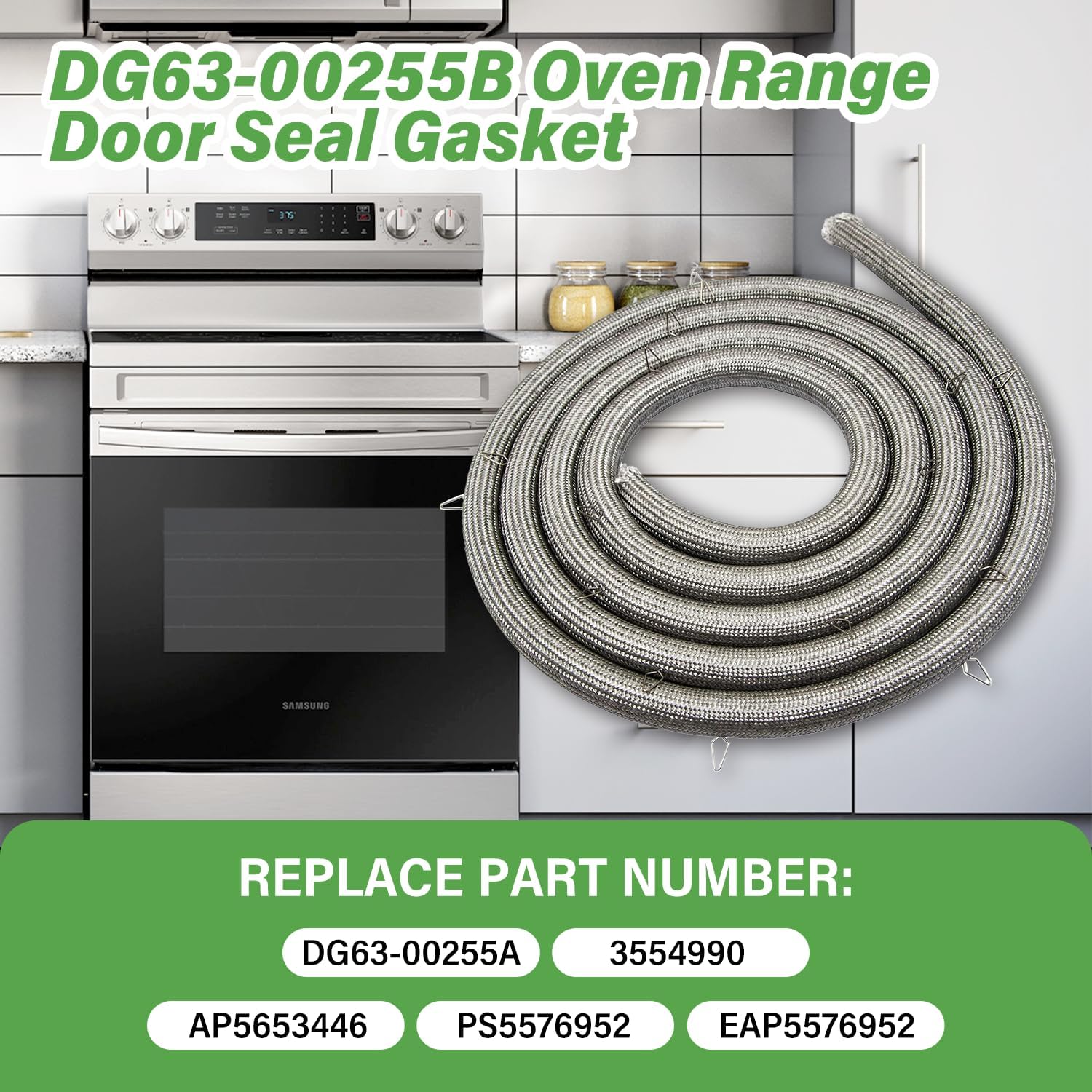 DG63-00255B Gas Range Oven Door Gasket Seal (86" Long/27 Mounting Clips) Compatible with Samsung, Replacement DG63-00255A 3554990 AP5653446 PS5576952 EAP5576952
