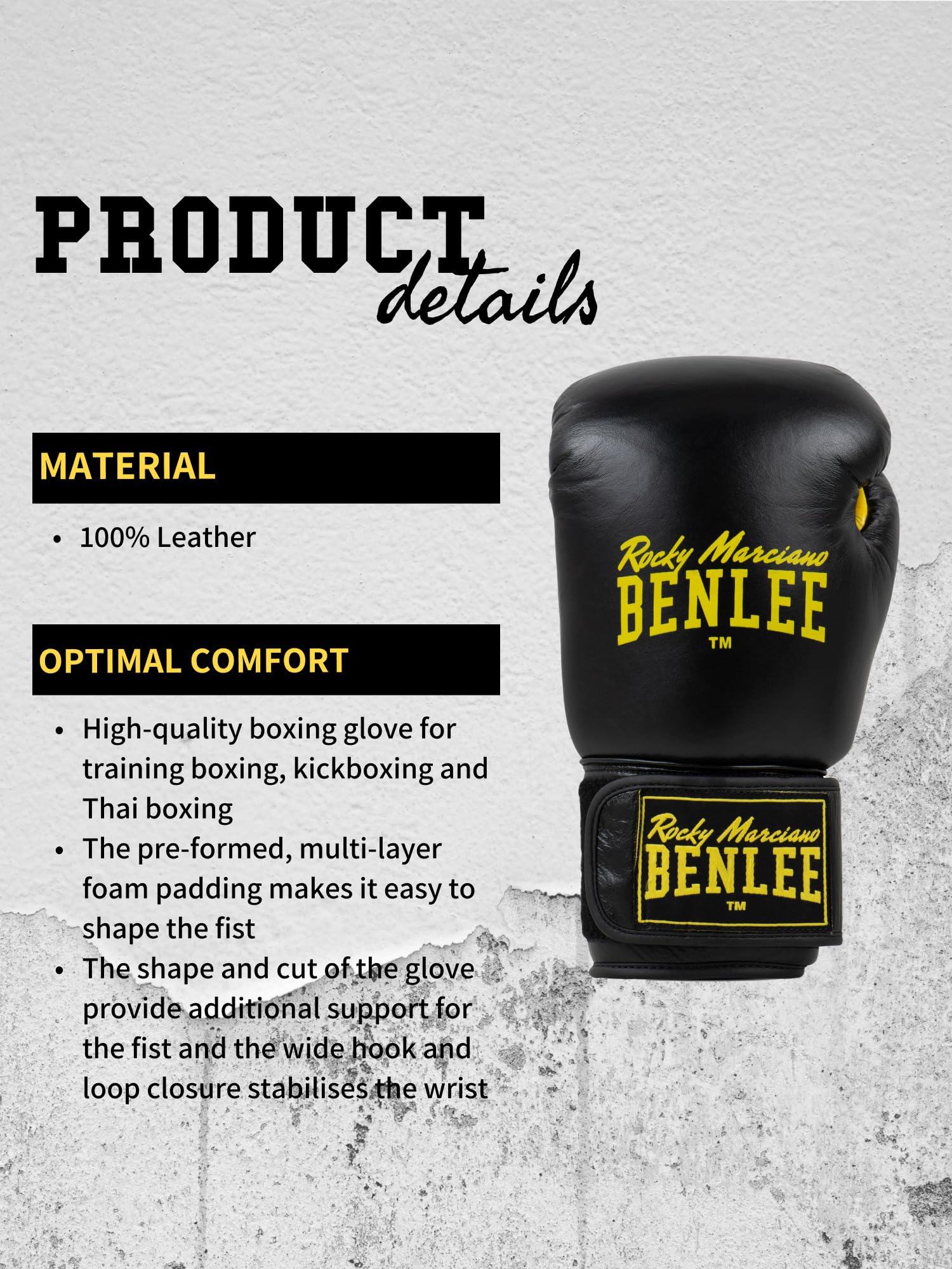Benlee Rocky Marciano Unisex – Draco Leather Boxing Glove, Black/Yellow, 10 oz