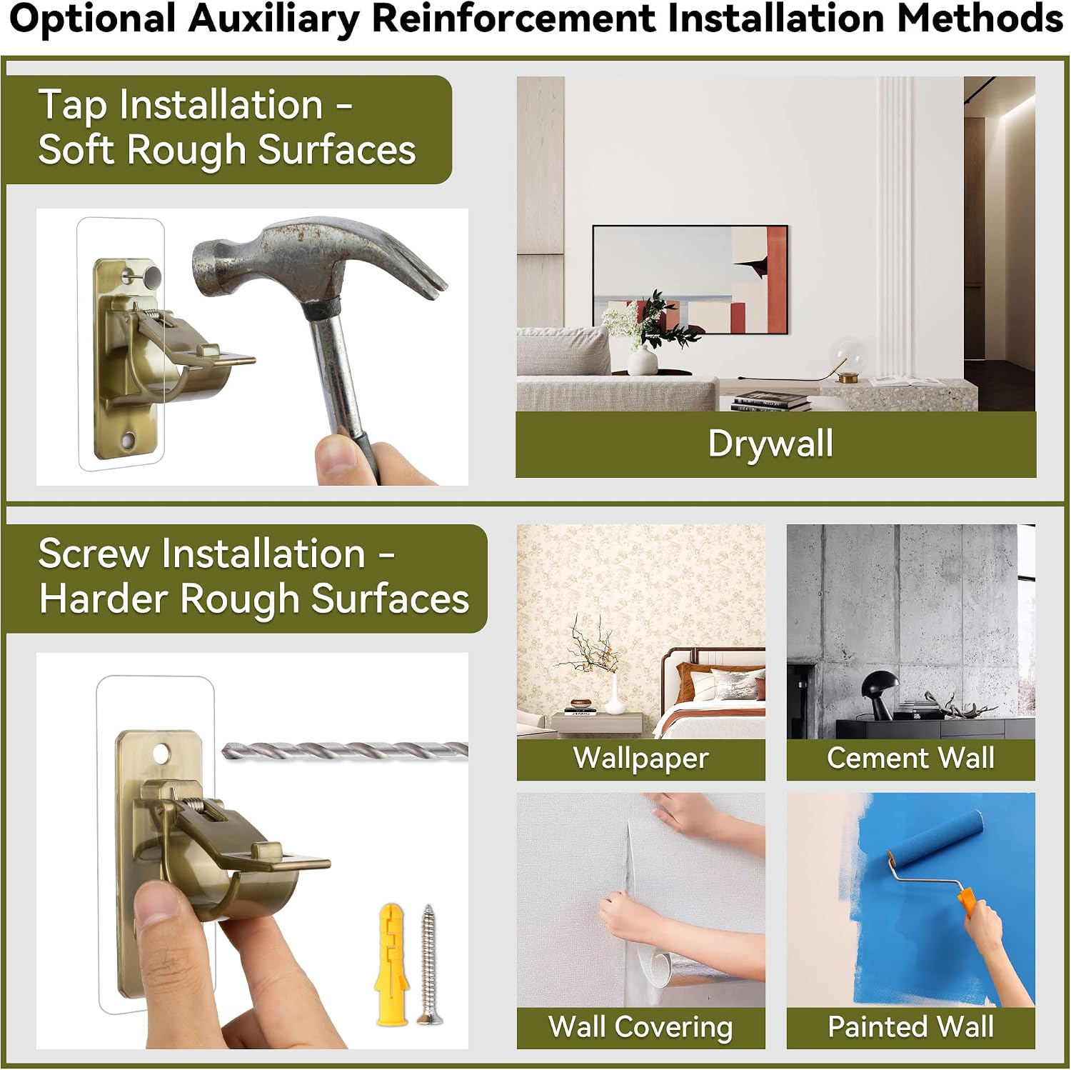 ANDGOO No Drill Curtain Rod Brackets-17LB, 4-Pack, Adhesive Curtain Holder