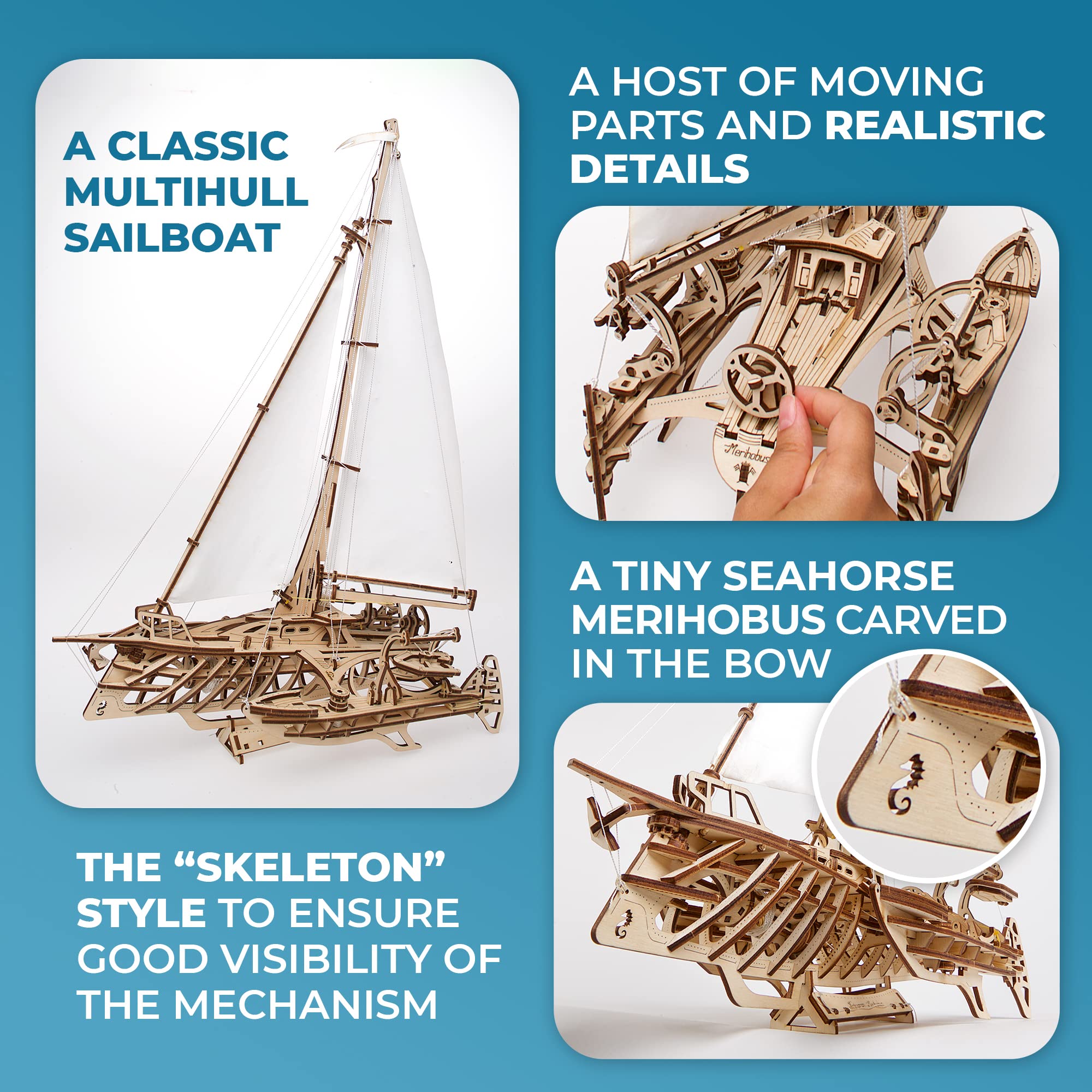 UGEARS Trimaran Merihobus to 3D układanka dla dorosłych - zestaw drewnianego żaglowca - zestawy rzemieślnicze dla dorosłych - duże zestawy modeli - zestaw do budowy z drewna