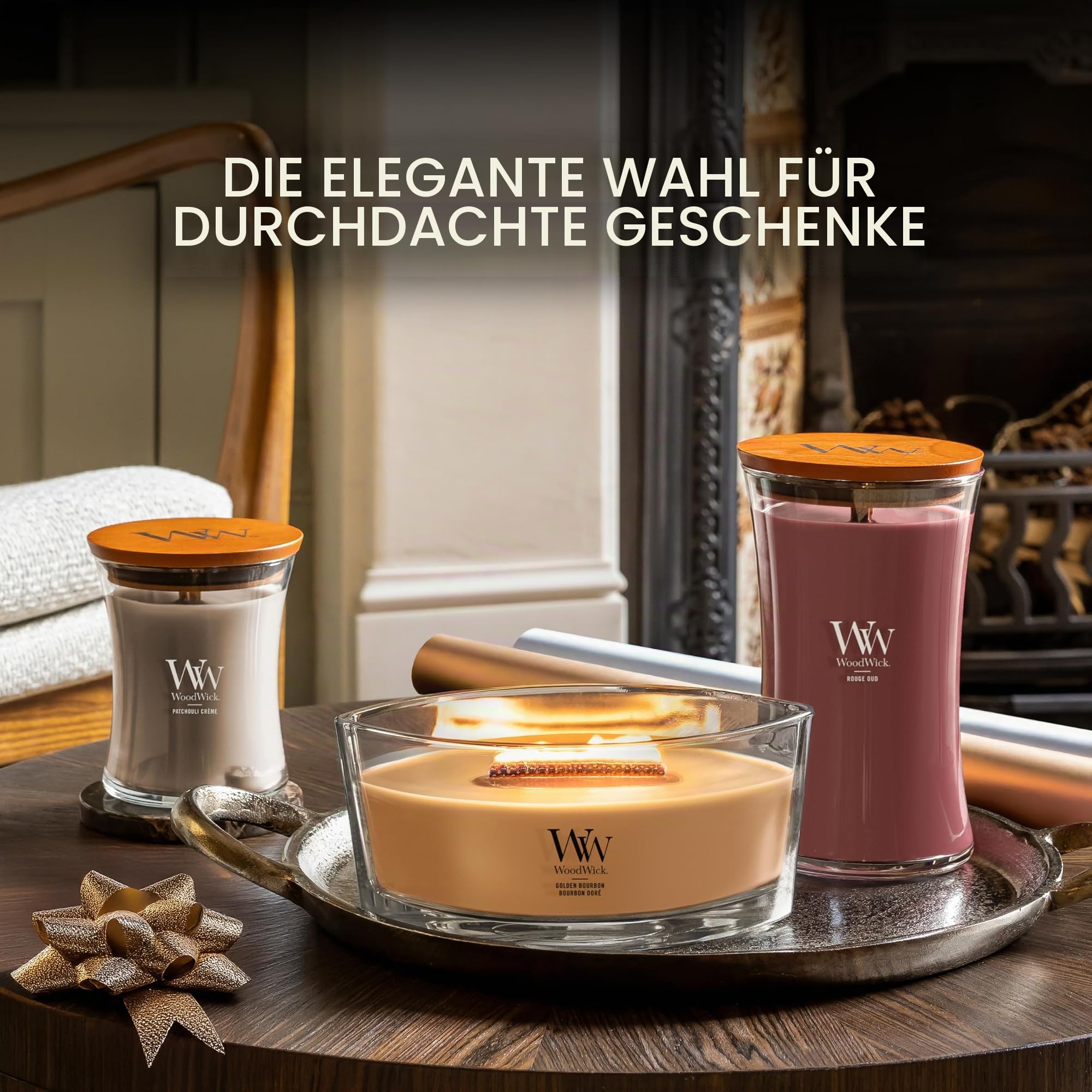 WoodWick Duftkerze mit knisterndem Docht | Große Sanduhr-Kerze Golden Bourbon | Lang brennende Kerzen: bis zu 130 Stunden | Perfekte Geschenke für Frauen