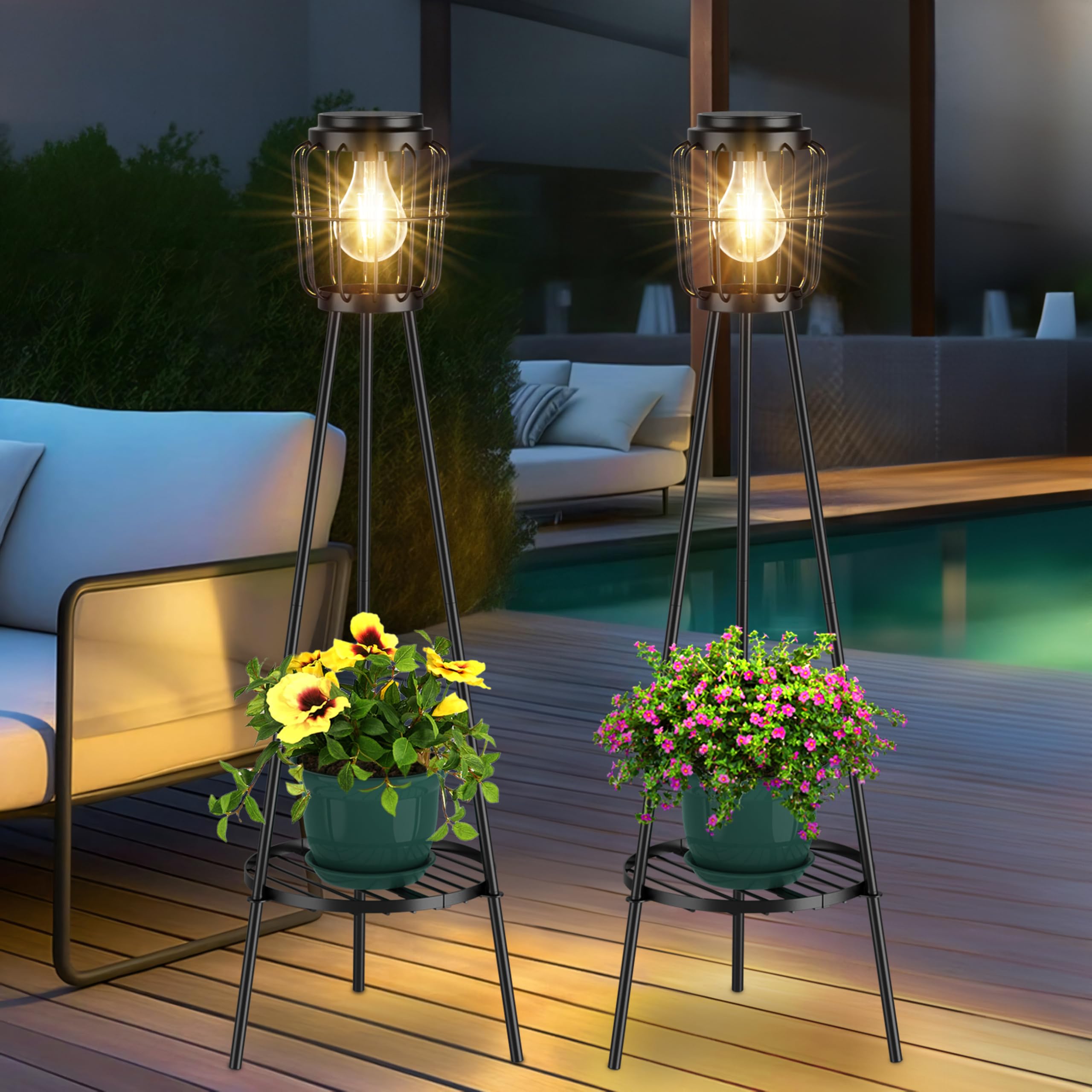 VISFLAIR 2 Pack Solar Lights with Plant Stand, Outdoor Floor Lamp, Waterproof Solar LED Edison Bulb Floor Lamps for Patio Porch Deck Yard Garden Decor