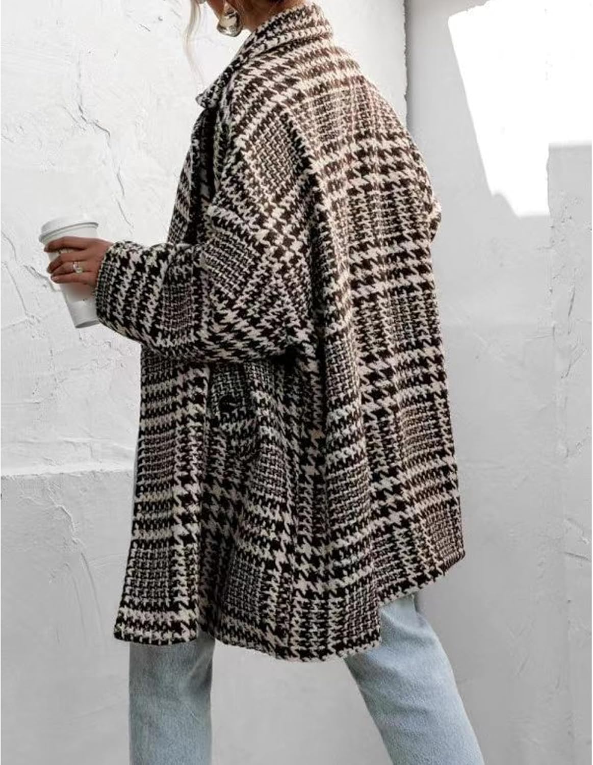 Sexyshine Women's Winter Double Breasted Houndstooth Coat Notch Lapel Plaid Wool Blend Pea Coat Mid Long Outwear Jacket - Image 5