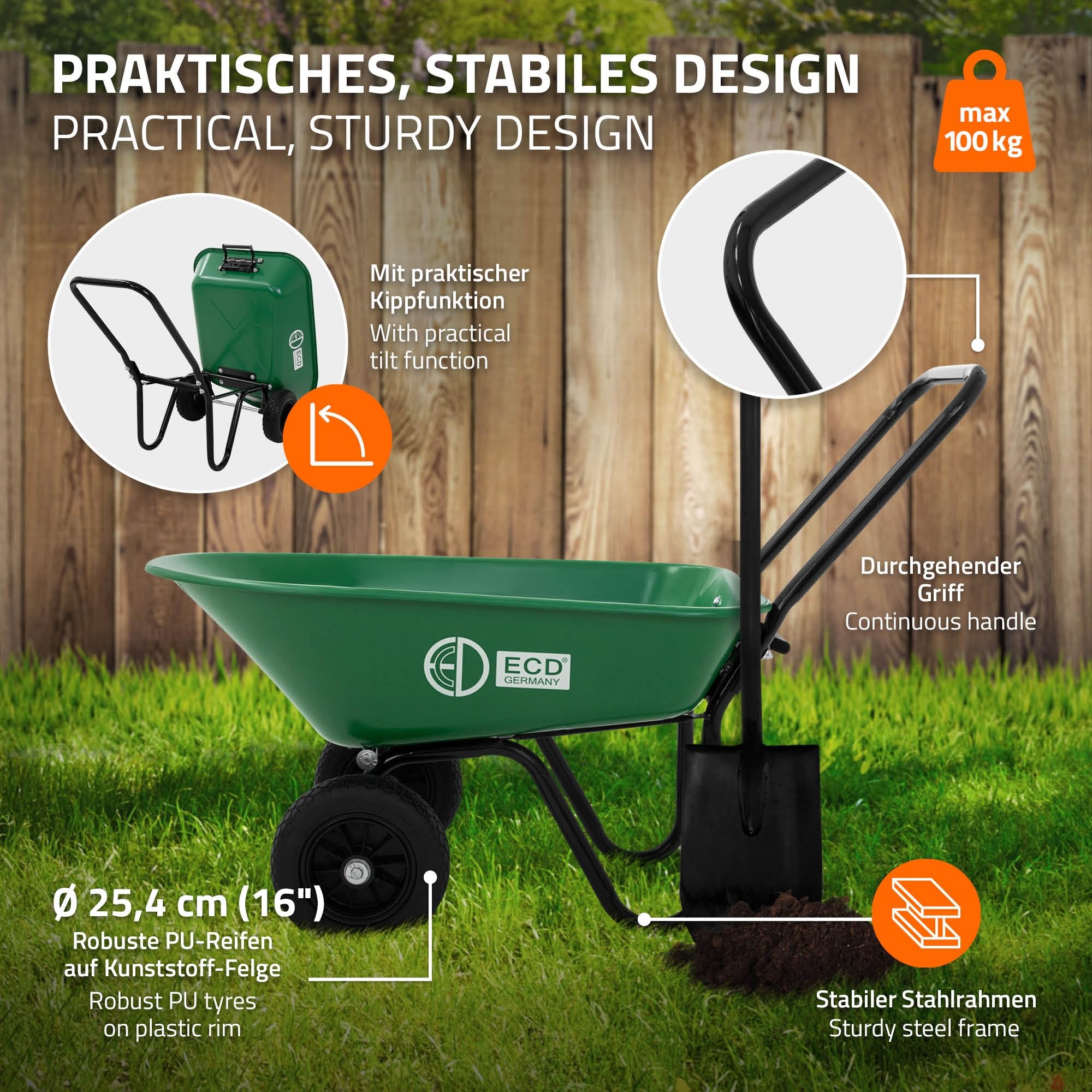 ECD Germany Schubkarrenwagen 78L, Gartenkarre mit Kippfunktion, Bauschubkarre mit Stahlrahmen, 2x PU-Reifen & PP-Wanne, 100 kg Tragkraft, Gartenschubkarre, Schiebkarre, Transportkarre für Garten & Hof