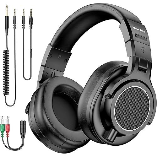 New Bee Wired Over Ear Headphones, Studio Headphones with 50mm Drivers and 6.35mm & 3.5mm Jack DJ Headphones for Studio Monitor & Mixing DJ Guitar AMP Podcast Piano Keyboard