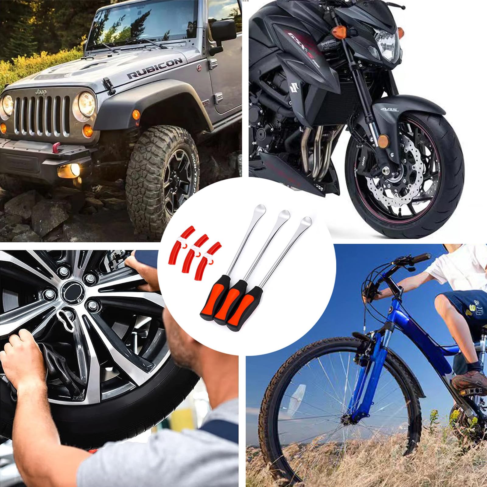 Leva di Montaggio per Pneumatici Moto, 3 Pizze Leve Smontagomme Bici Da 11,5", Attrezzo per Montaggio Pneumatici Con 3 Protezioni per Cerchi, Per Moto, Bici, Auto, Scooter