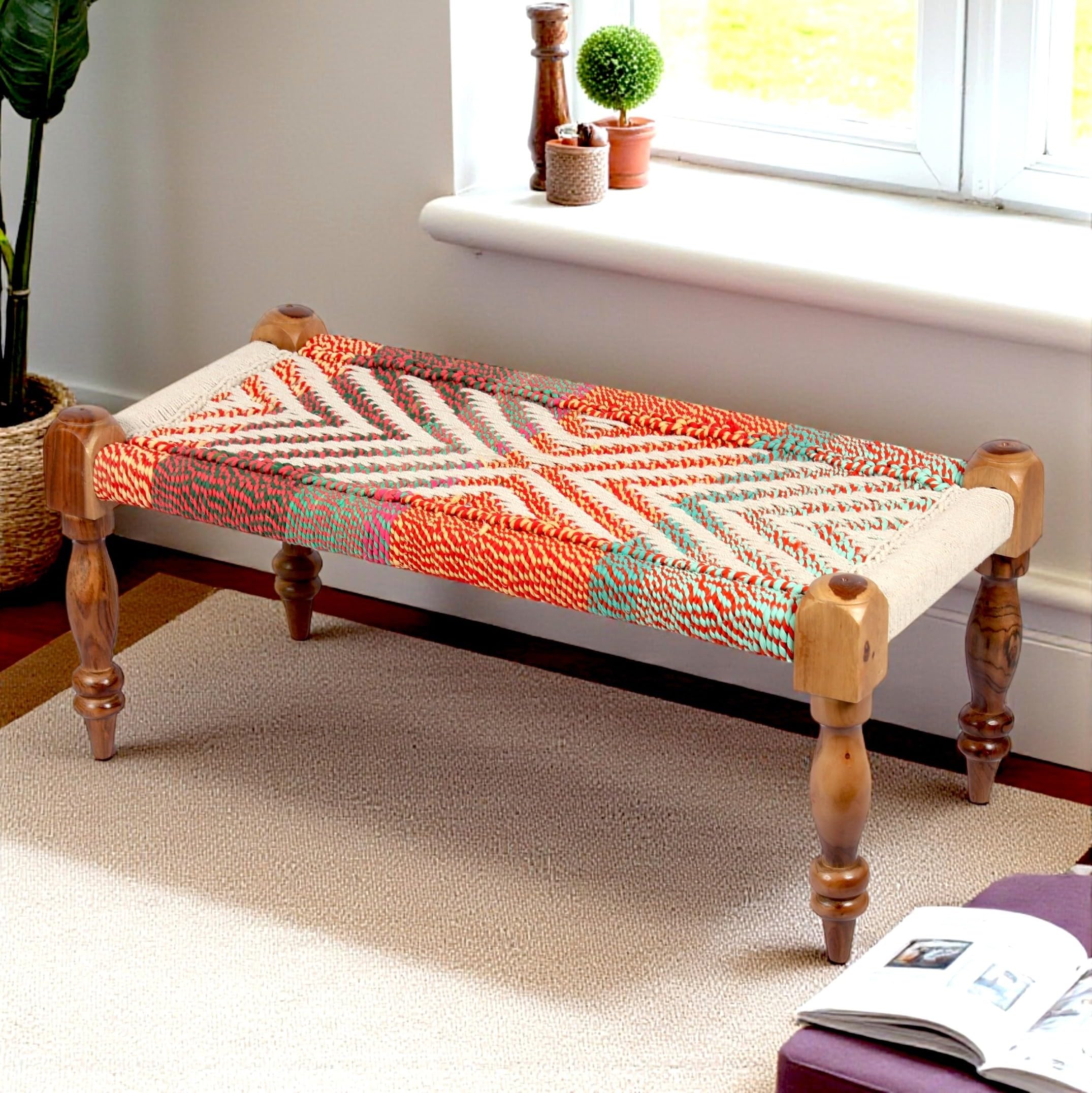 Ikiriya Stylish Oakville Sheesham Wood Vintage 2 Seater Maachi Bench (Charpai, 1 Yr Warranty), Multi-Colour Chindi & White Rope (36x18x16 Inches, 1 Yr Warranty)-image-25