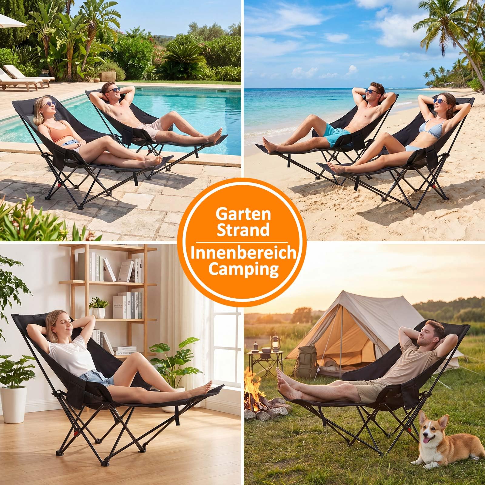 Jadive Set 4 Sedie da Campeggio 2 in 1 con Poggiapiedi 150kg – Sedia Pieghevole con Schienale Regolabile 3 Posizioni, Poltrona Relax per Campeggio, Spiaggia e Outdoor