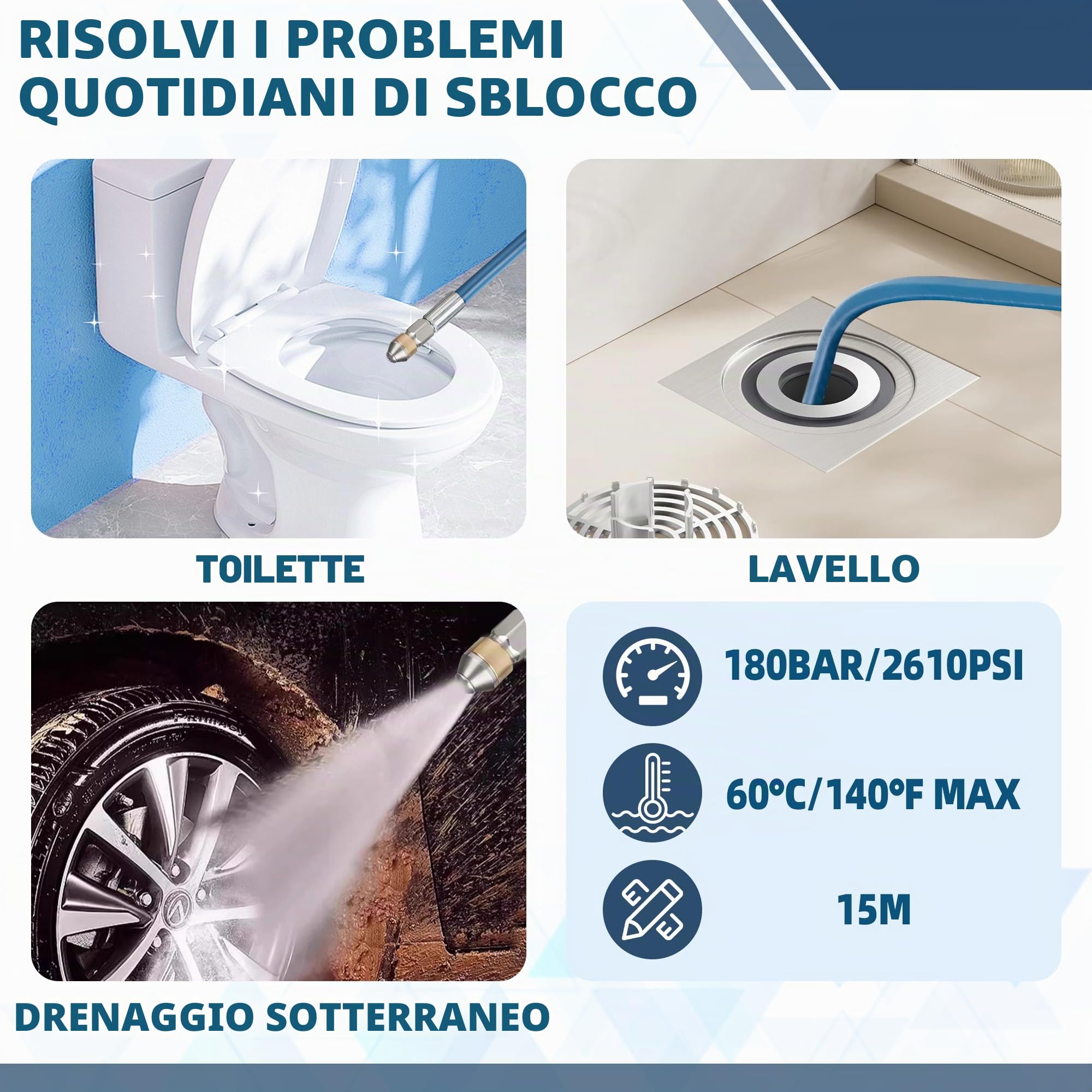 OHAYORI 15M Tubo di Sonda Sturatubi per Karcher K2-K7, Flessibile Fresa per Scarichi con Ugello G1/8" Rotante & Ugello a Getto, 180 Bar Accessorio Compatibile con Idropulitrice Pistola M22