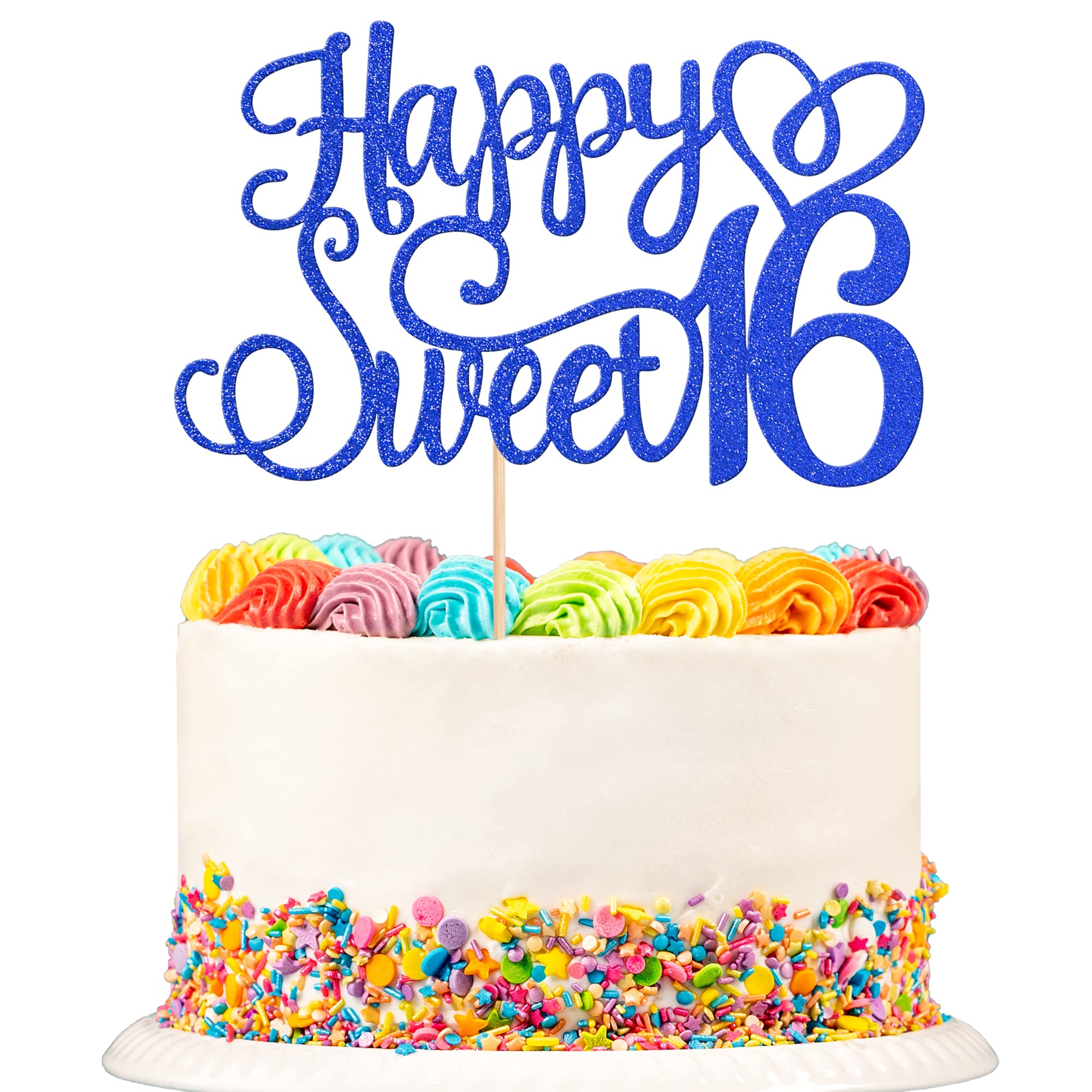 Happy Sweet 16 Cake Topper - Glitter Hello 16 Cheers to 16 Years Cake Pick - 16th Birthday Cake Decoration for Anniversary Party Supplies (Deep Blue, 1 PCS)