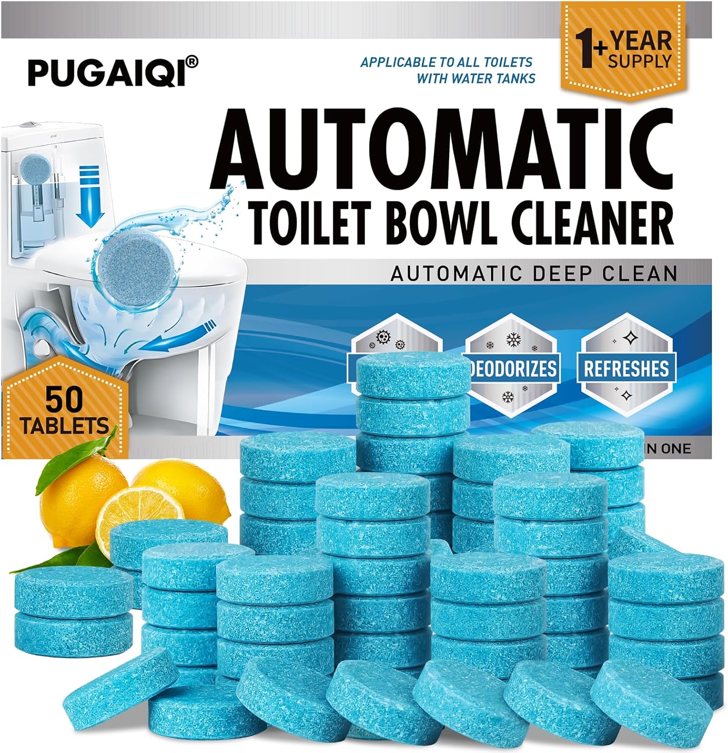 Automatic Toilet Bowl Cleaner Tablets,Blue toilet seat , Descale & Deodorize, Septic-Safe, Continuous Cleaning, Fresh Scent, Drop-In Tank Cleaner effective to use Works with Toilets 50 Pack-Permanence