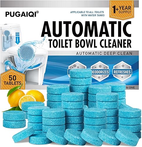 PUGAIQI Tabletas limpiadoras automáticas de inodoro, asiento de inodoro azul, desincrusta y desodoriza, seguro para sépticos, limpieza continua,