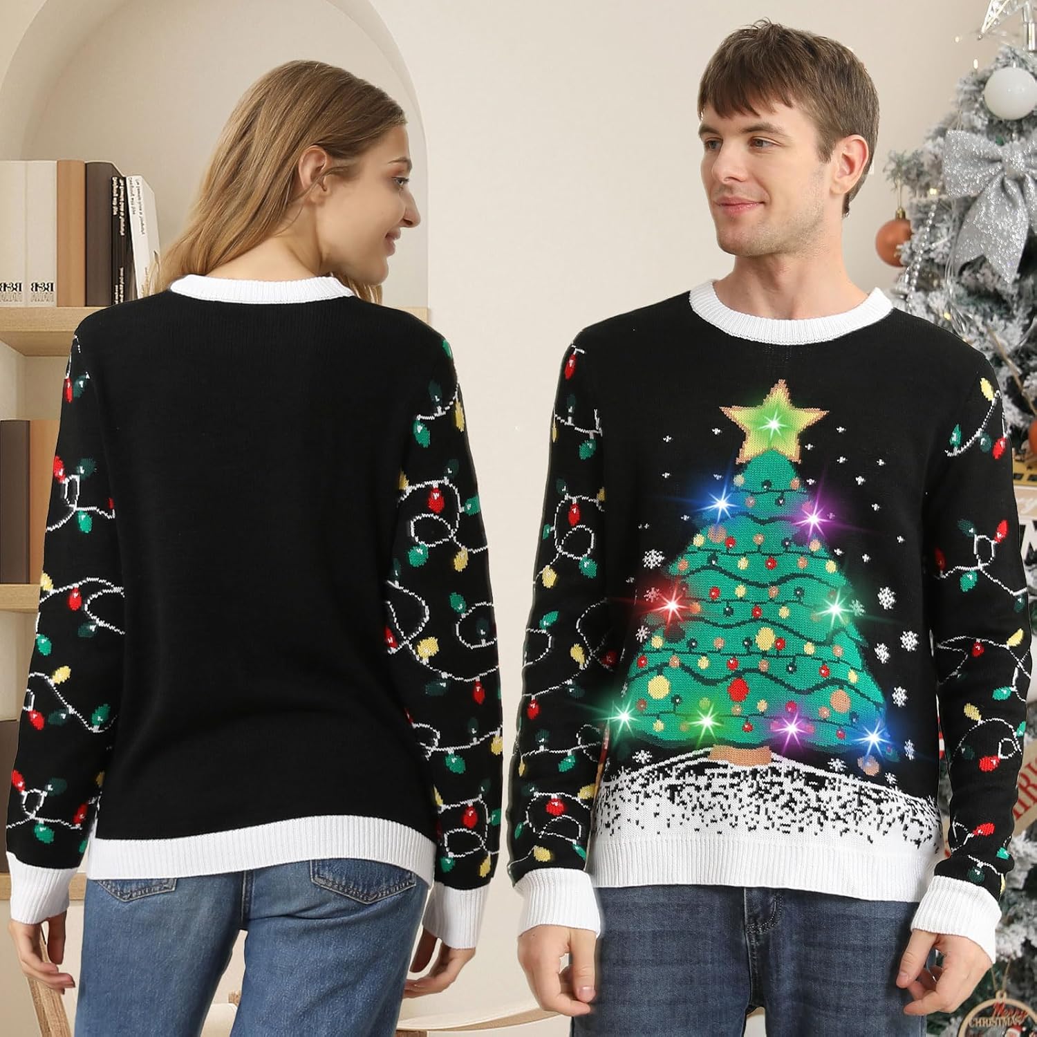 Ugly Christmas Sweater Women Men 2025,Light Up Christmas Sweater for Couples,Funny Reindeer Xmas Tacky Pullover Cute - Image 5