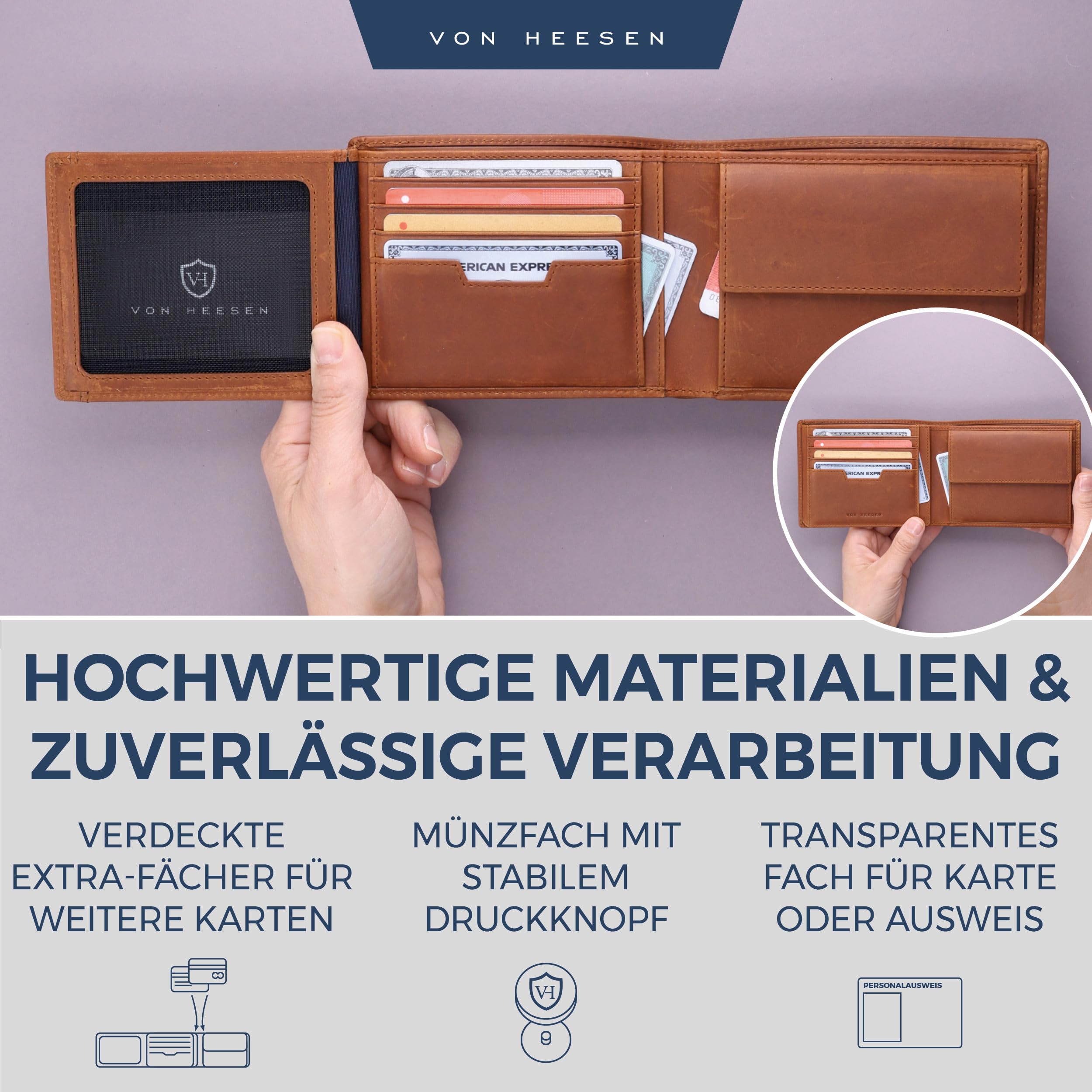 VON HEESEN Portefeuille en cuir avec protection RFID | Porte-monnaie en cuir véritable pour femmes et hommes | Portefeuille en cuir Portemonnaie, Querformat