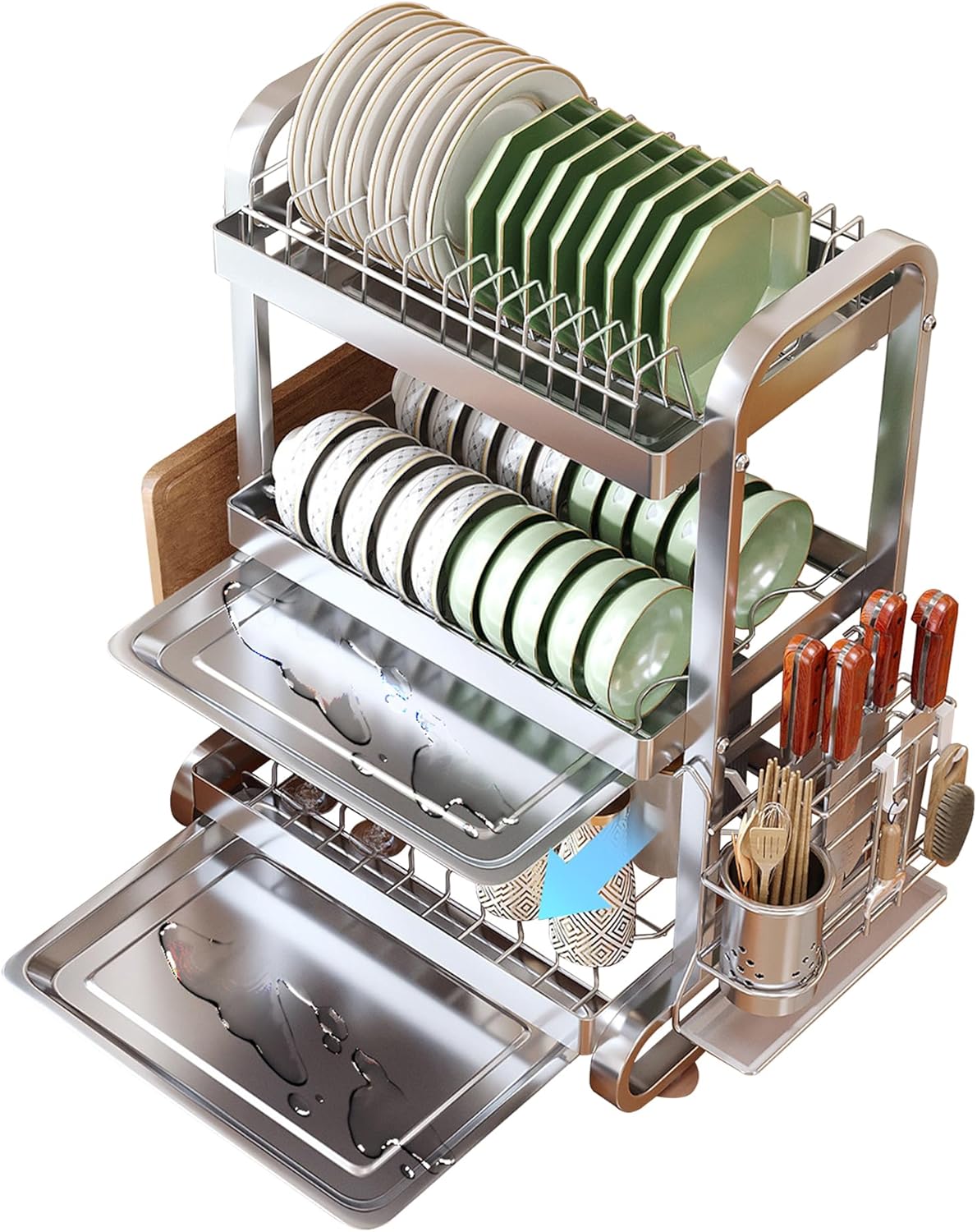 3 Tier Dish Drying Rack for Kitchen Counter Stainless Steel Dish Rack with Drain Board Utensil Holder and Cutting Board Holder 16.1" L x 10.6" W x 24.6" H Silver