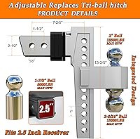 Vista 3 de VNN 10 Inch Drop Hitch 2.5 Inch Receiver - Interchangeable 3 Solid Ball Mount 1-7/8", 2", 2-5/16"(18,500 LBS GTW), Heavy Duty Aluminum Adjustable