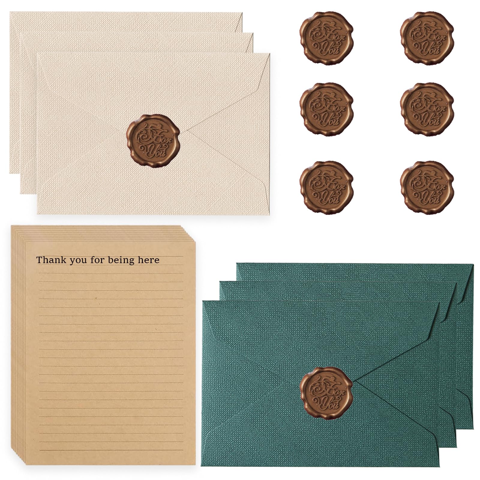 22 Unidades de Papel De Carta Vintage, Juego Con 6 Sobres de Lino Y Sellos de Cera, 10 A5, Papel De Carta Vintage, Sobres de Estraza Para CumpleañOs, Invitaciones de Boda, Tarjetas de Verde