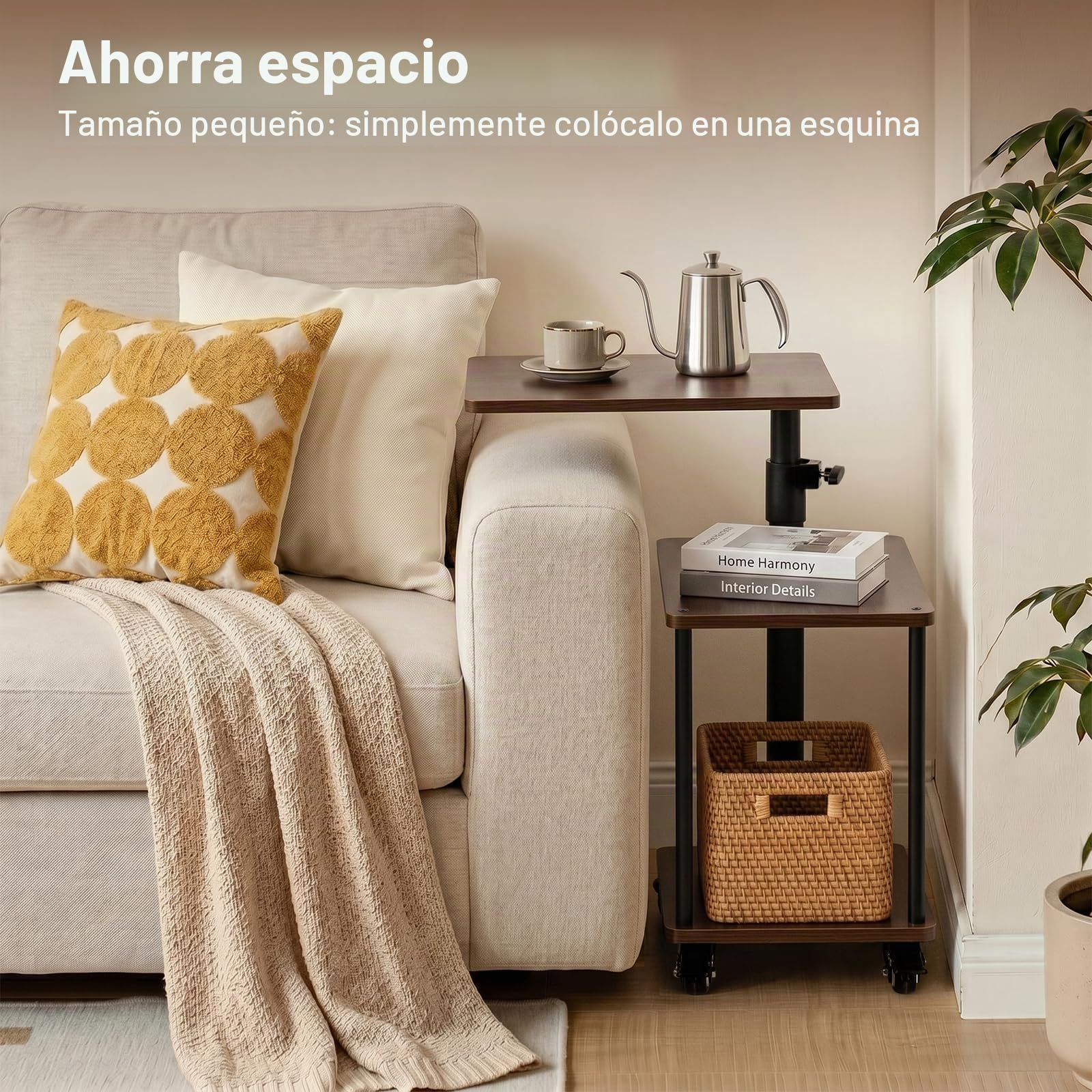 Mesa auxiliar con ruedas, mesa auxiliar sofá ajustable en altura 47-71 cm, mesa giratoria 360°, diseño moderno con 3 niveles de almacenamiento, textura de madera fácil de limpiar, color nogal