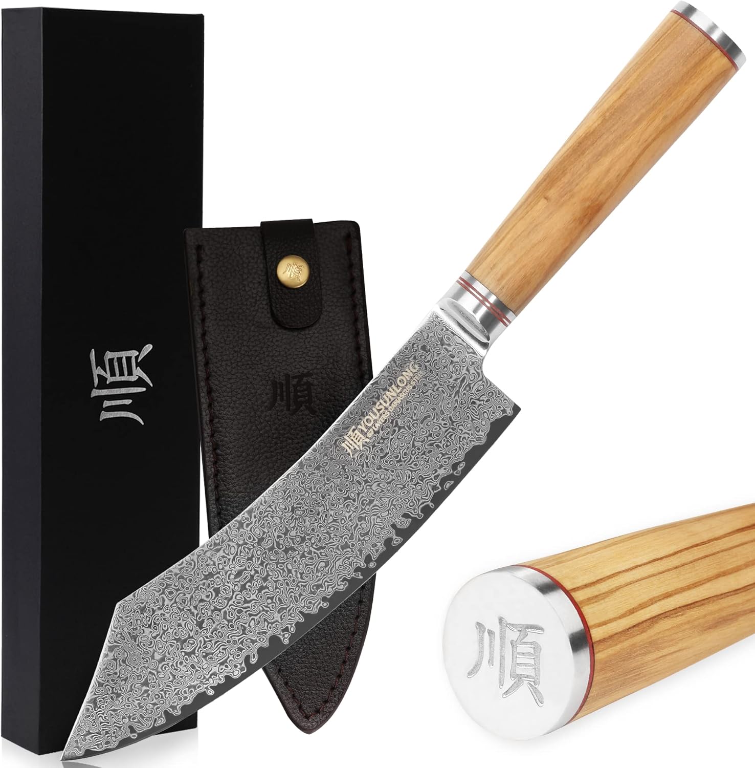 YOUSUNLONG Buther knife 10 Inch (255mm) Meat Hybrid Cleaver Japanese Damascus Steel - Italian Olive Wood Handle With Leather Sheath