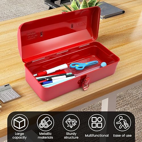 Miniatura 3 de Caja de almacenamiento de herramientas de metal grande con asa para taller, caja de herramientas portátil de 15 pulgadas con tapa, caja organizadora