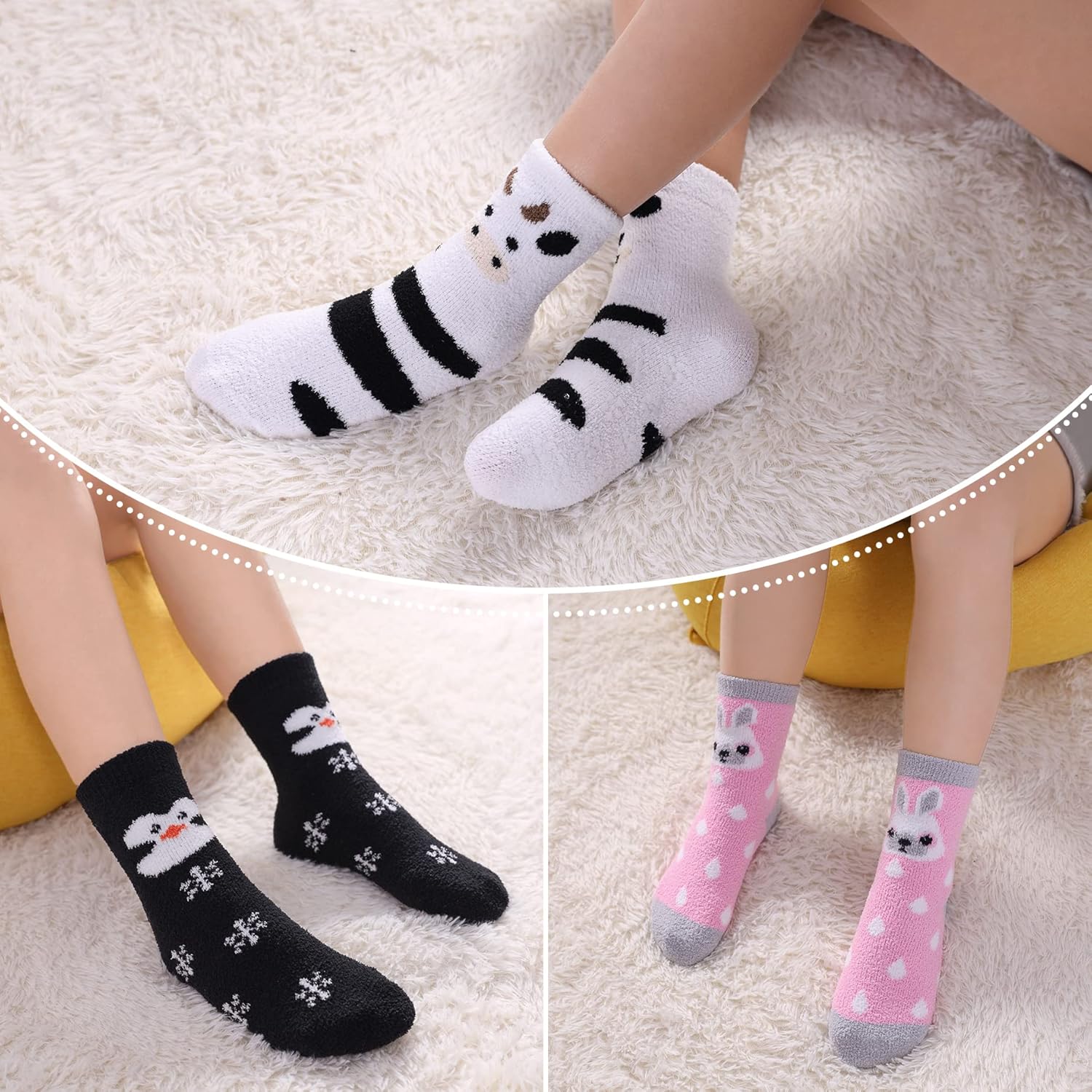 LINEMIN Kids Fuzzy Socks Boys Girls with Grips Non Slip Slipper Socks Cozy Fluffy Winter Warm Crew Socks 6 Pairs - Image 3