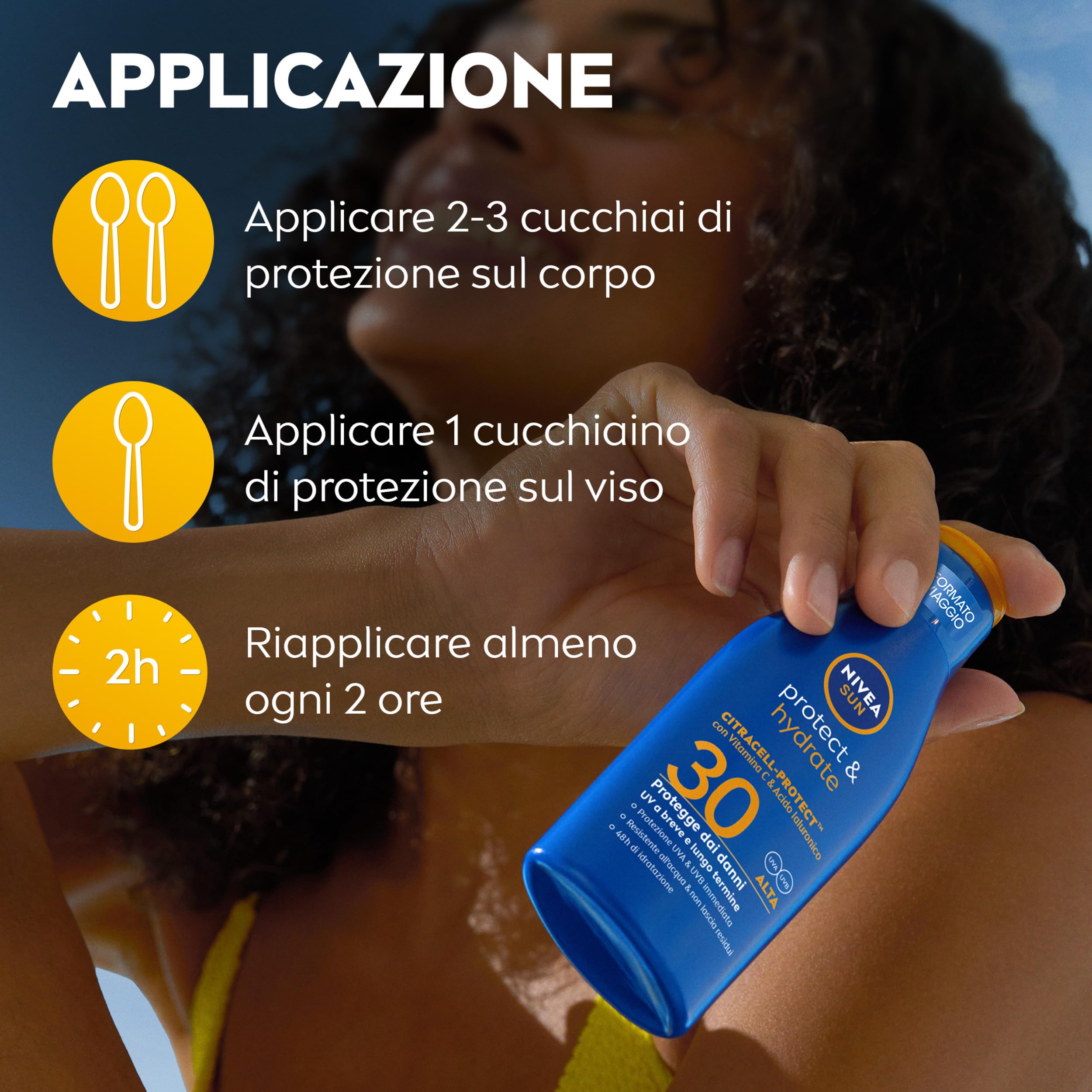 NIVEA SUN Protect & Hydrate SPF 30 Formato Viaggio 100 ml, Crema solare 30 idratante 48h ad assorbimento rapido, Protezione solare 30 resistente all'acqua con Vitamina C e Acido Ialuronico