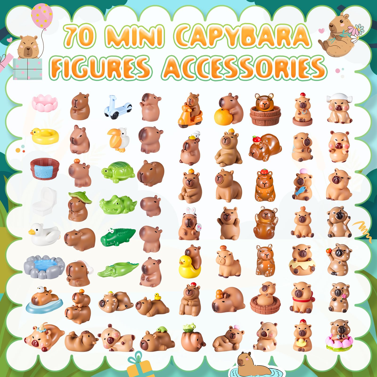 Nosiny 70 piezas de lindas figuras de Capibara en miniatura, regalo a granel, calendario de Adviento 2025, resina pequeña para bricolaje, accesorio de casa de muñecas, decoración de pasteles, tablero