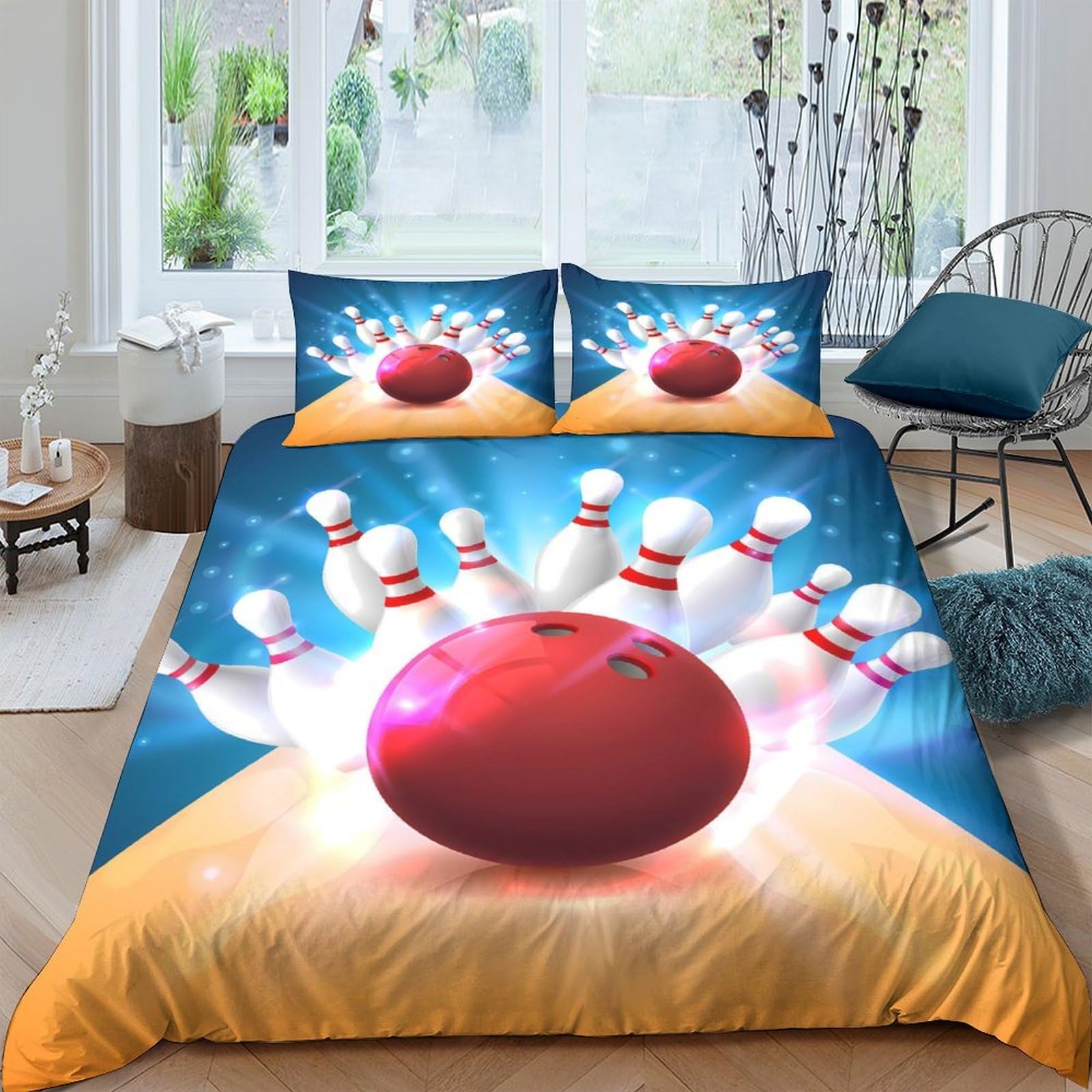 Ctjqhvkz Style-10 3D Printed Bowling Strike Fitted Sheet Microfiber Soft Red Ball Pins Bed Cover For Bedroom Dorm Mattress Decor Single（135X200cm）