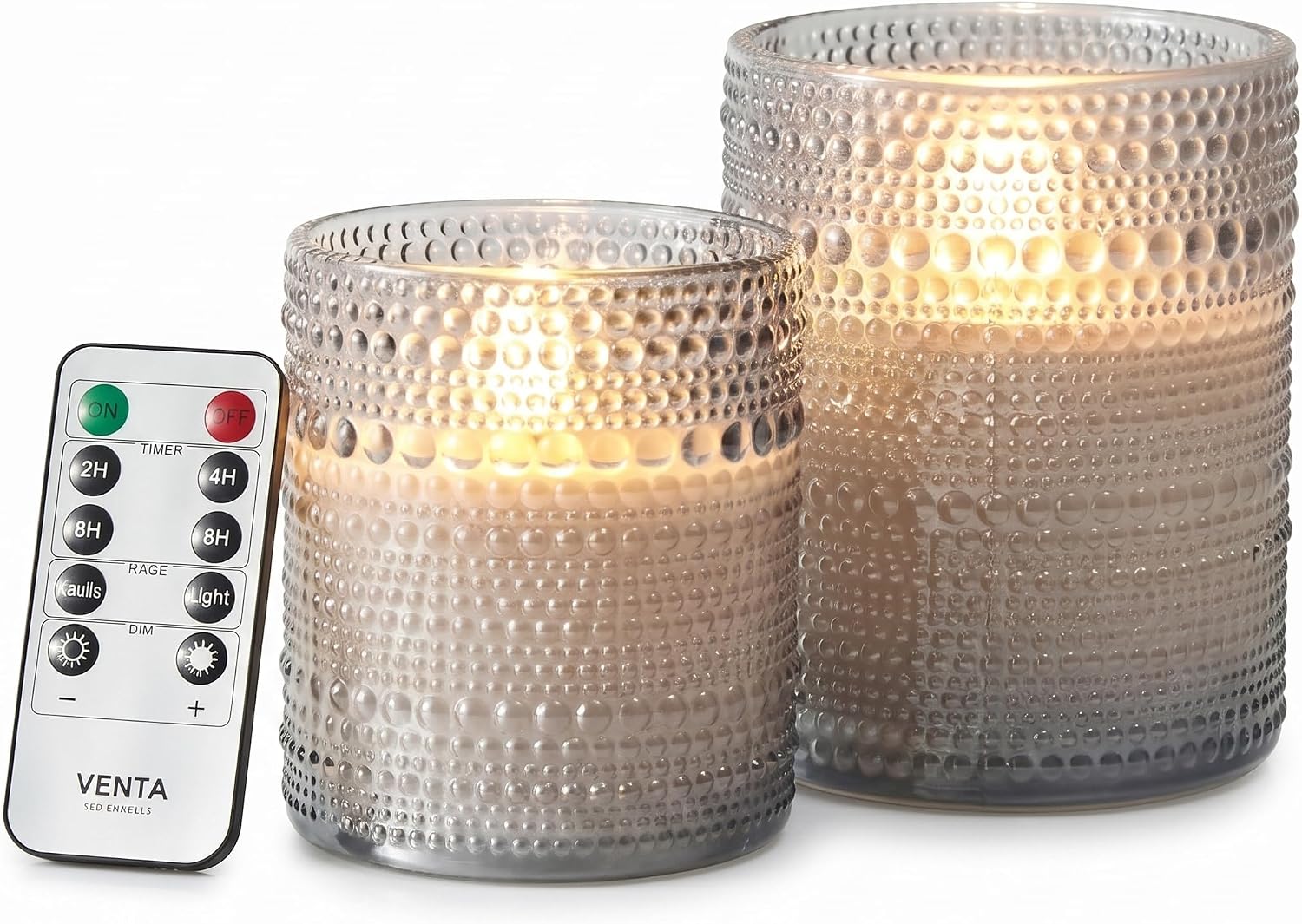 VENTA Stunning Grey Dotted Glass Flameless Candles 2-Pack with Realistic Flickering Glow | Includes Remote & Timer | Battery Operated LED Set for a Cozy & Chic Home Decor Accent