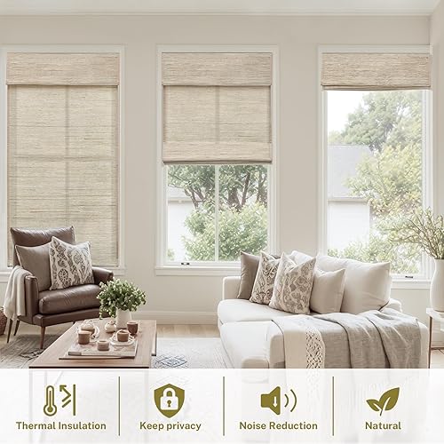 Miniatura 2 de AWLMond - Persianas romanas sin cordones para ventana, de lino puro, tejido de hierba de cáñamo natural, persianas enrollables de privacidad para