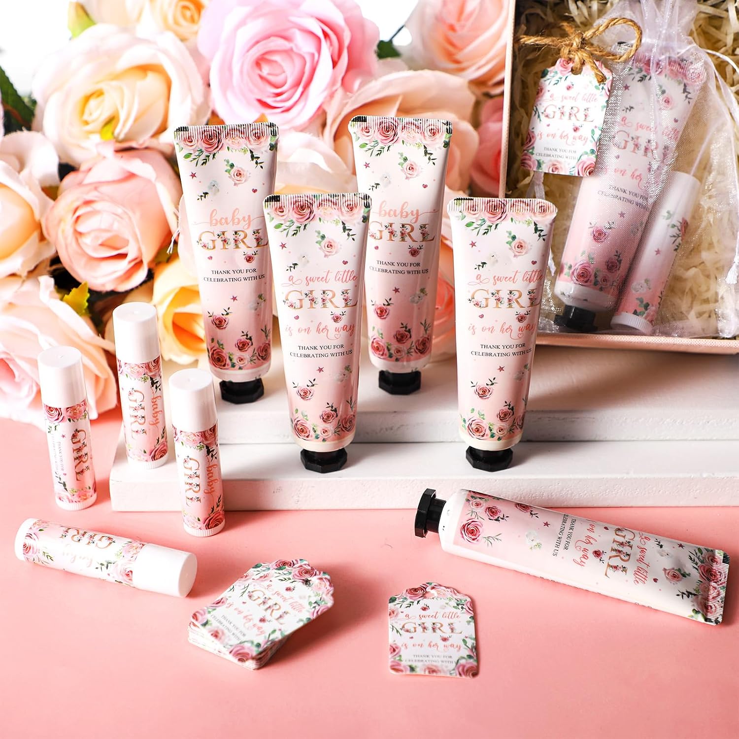 48 Sets/192 Pcs Girls Baby Shower Favors for Guests Pink Floral Hand Cream and Lip Balm Bulk Baby Girl Shower Party Thank You Gifts for Guests Travel Size Gender Reveal Game Winners Prizes