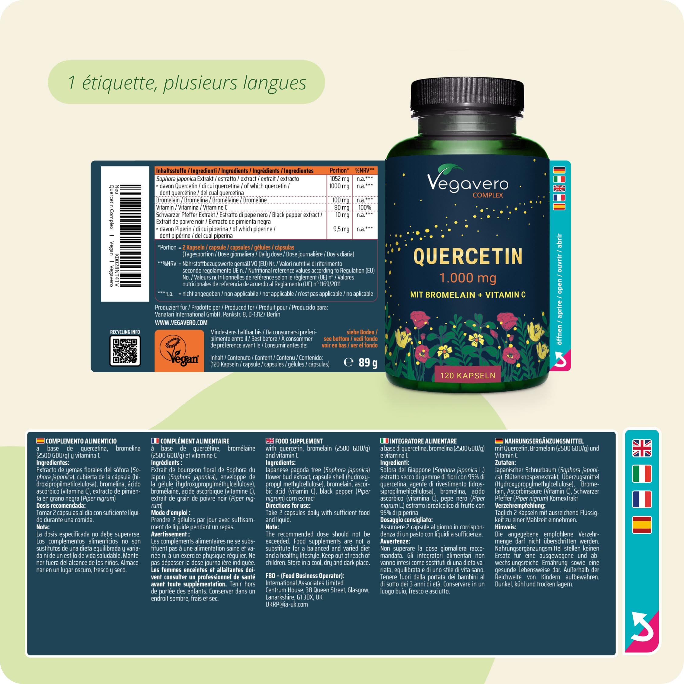 Quercetine Complex 1000 mg | Avec Bromeline + Vitamine C | Allergie + Immunité | Sans Additifs & Vegan | Haute Biodisponibilité | 120 Gélules | Vegavero®