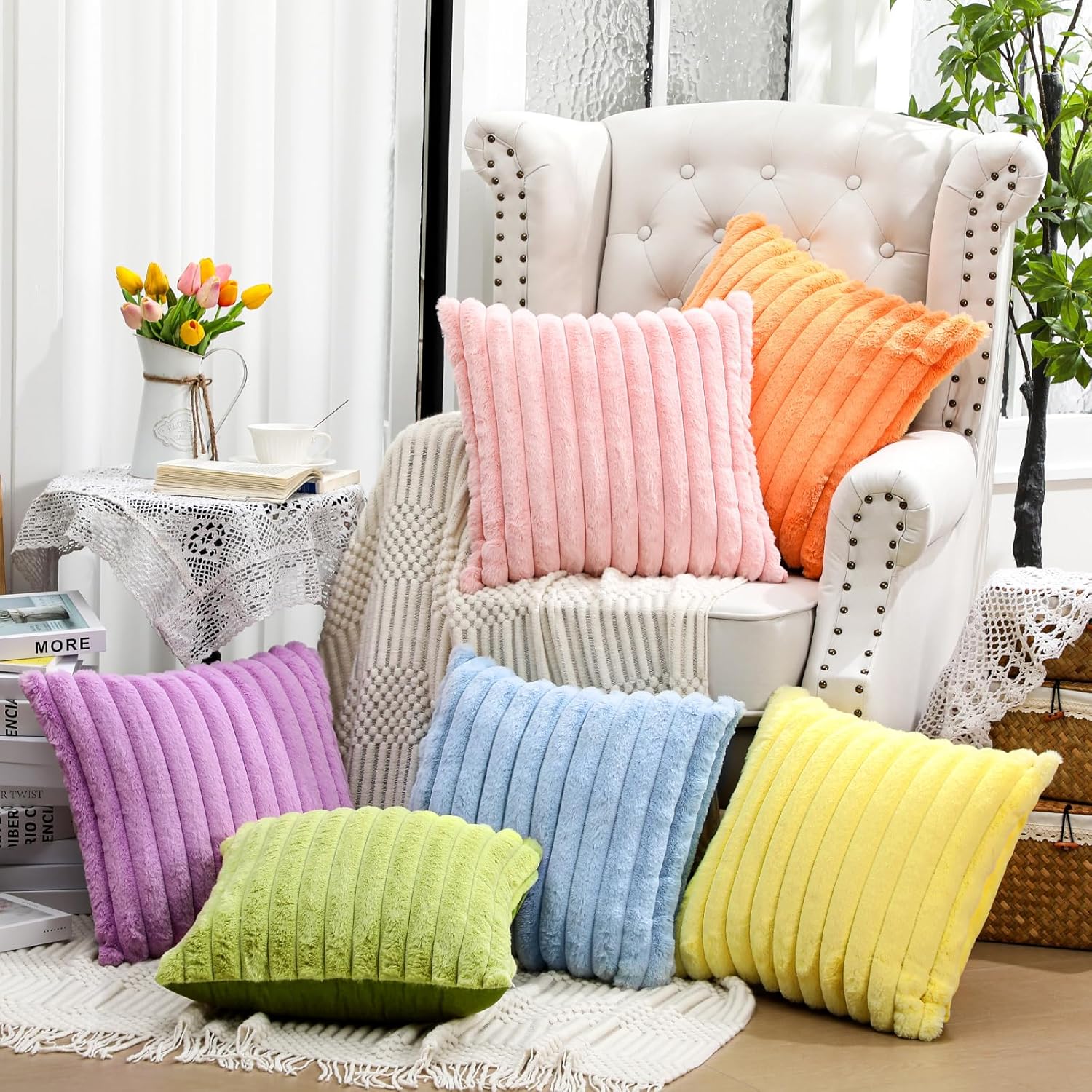 Mixweer 6 Pcs Easter Faux Fur Plush Throw Pillow Covers 18x18 Inch Pastel Soft Fluffy Striped Decorative Pillow Covers with Velvet Back for Sofa Couch Cushion Bedroom, Home Classroom Spring Decor