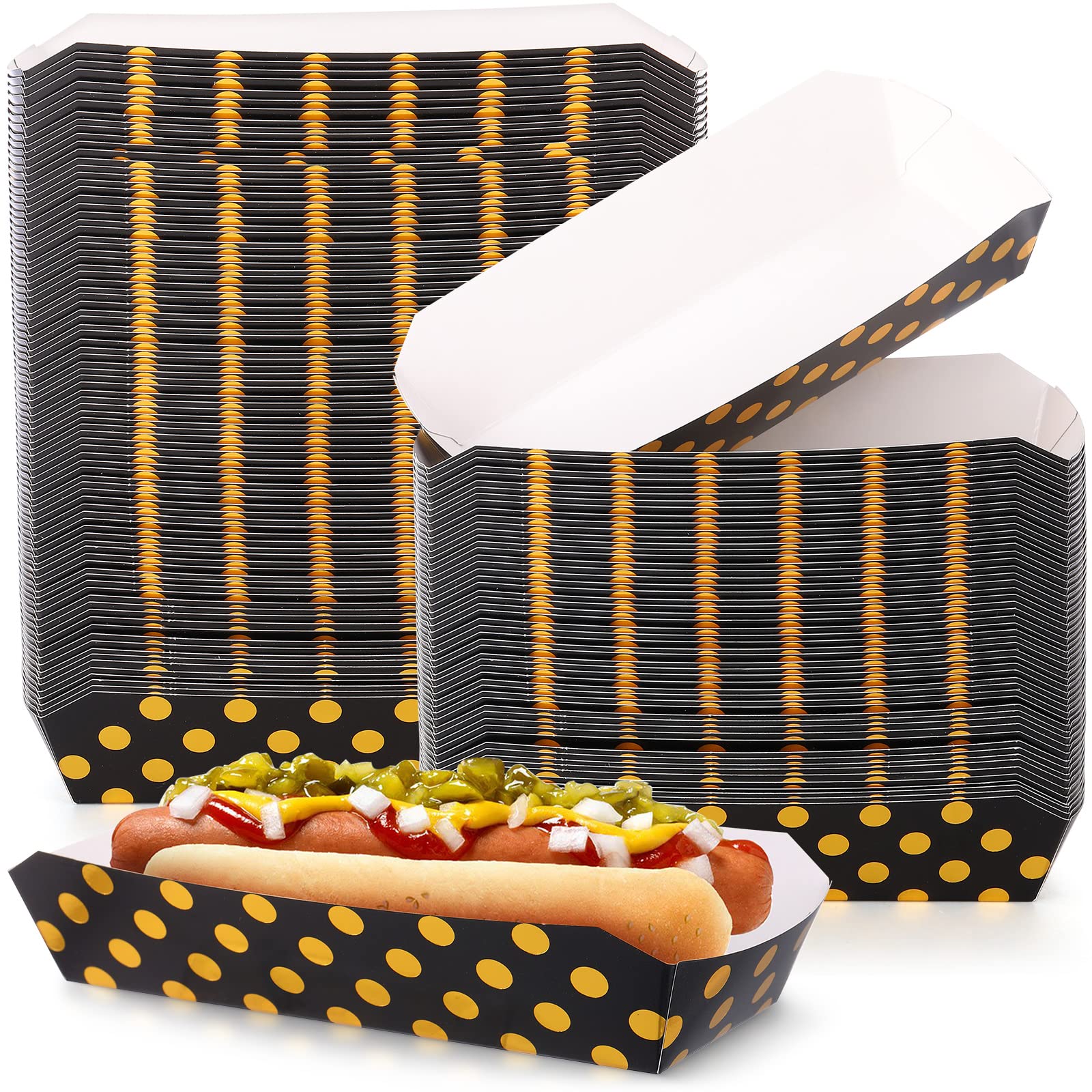 Colarr150 Pcs 2 Lb Gold Dots Paper Hot Dog Trays 7 Inch Disposable Black Food Trays Food Paper Boats Hot Dog Holders Oil Resistant Fast Food Cardboard Boat Baskets for Parties Picnics