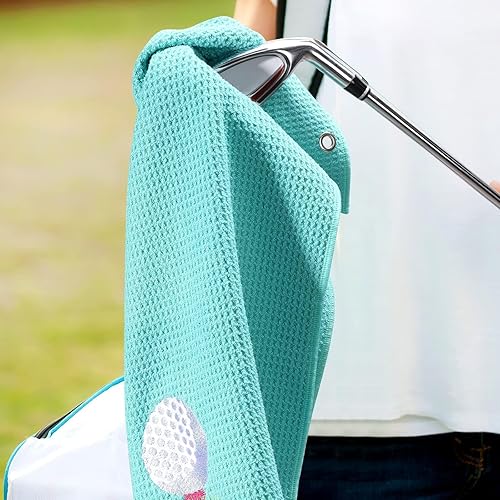 Miniatura 5 de Vansolinne Regalos de golf para mujeres, toallas de golf para bolsas de golf con clips, accesorios de microfibra con patrón de gofre, rosa y azul