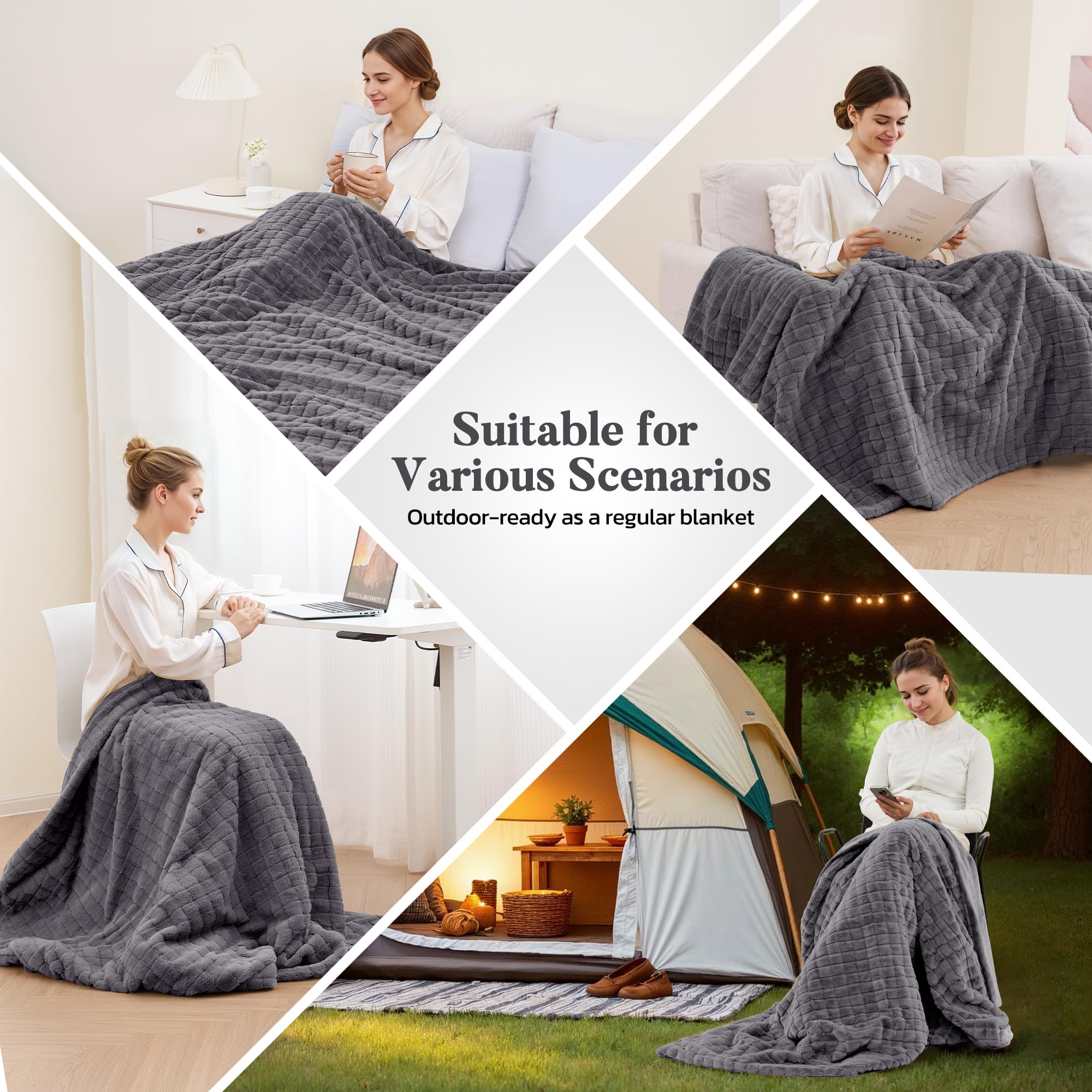 Manta eléctrica calefactora 130x180cm, Vellón de conejo 3D de rejilla & Franela, 4 ajustes de calor, Apagado automático 10H, Manta térmica lavable a máquina para cama sofá oficina (Gris oscuro)