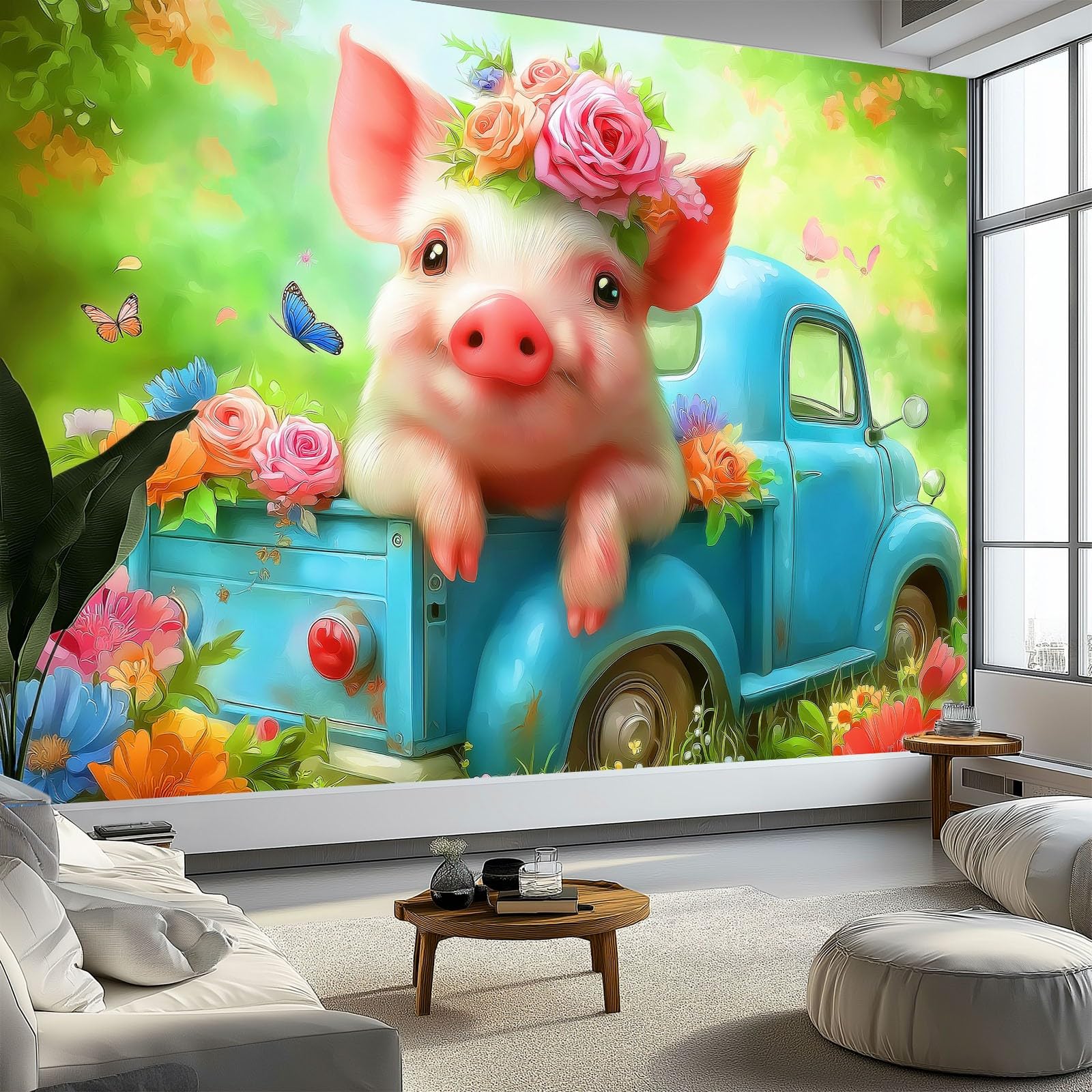 Générique Panoramiczna tapeta z kreskówek śliczne prosięta podnieś 3D 350 x 256 cm, włóknina XXL nowoczesna dekoracja ścienna salon sypialnia biuro pokój dziecięcy, zielona