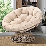 Bme Metal Oversized Swivel Papasan Chair, Living Room Chair with Beige Cushion, Brown Frame, 360° Swivel, Skillfully Woven Resin Wicker, 46 Inch Wide, Bee-Designed Base, Modern Style, Indoor Use Beige Cushion - Brown Frame Upgrade Size - 46'