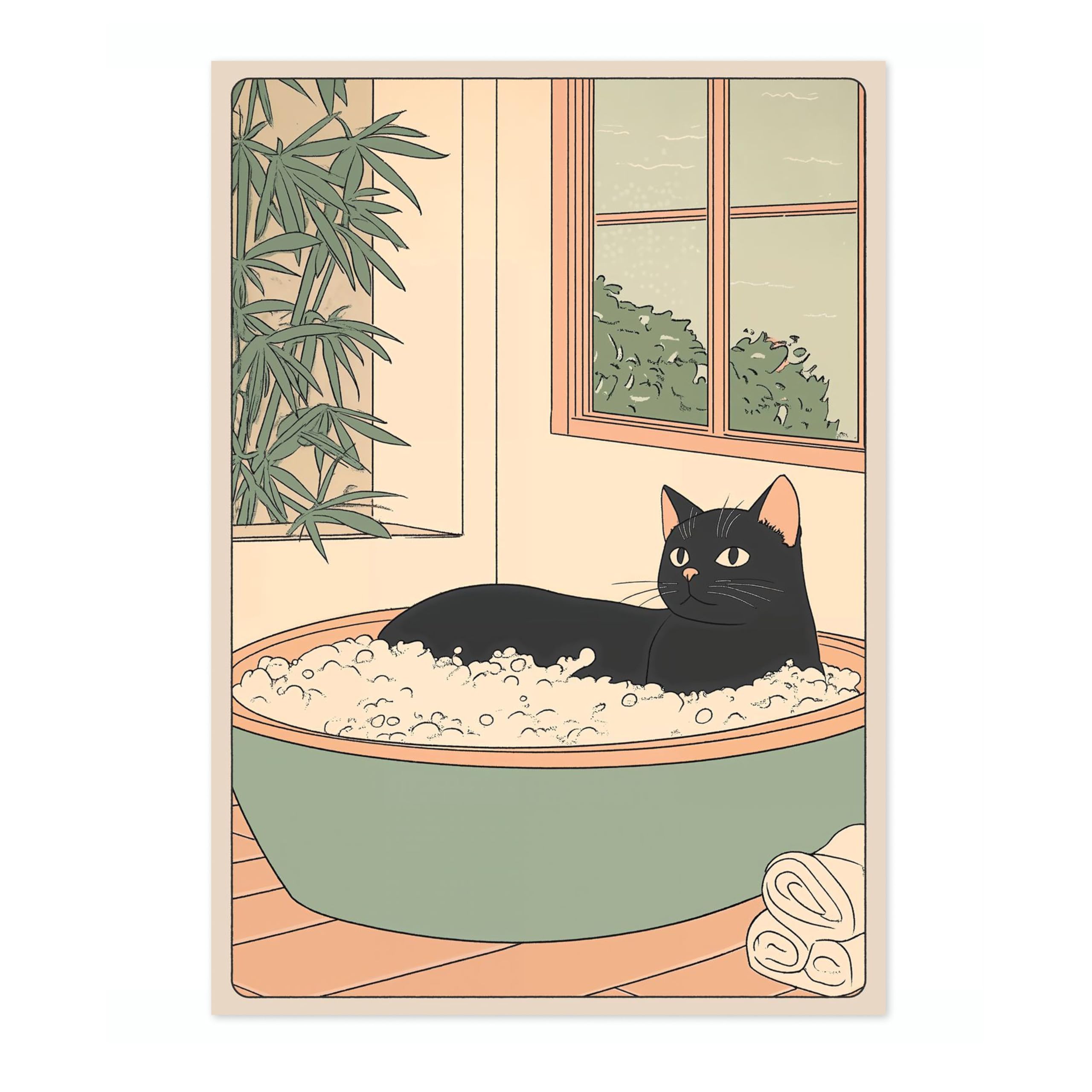 Black Cat In Green Tub Anime Animal Poster, Funny Bathroom Wall Art Print, Manga, Bathroom Wall Art, Toilet Decor, A1 (Print Only) - 84.1x59.4cm