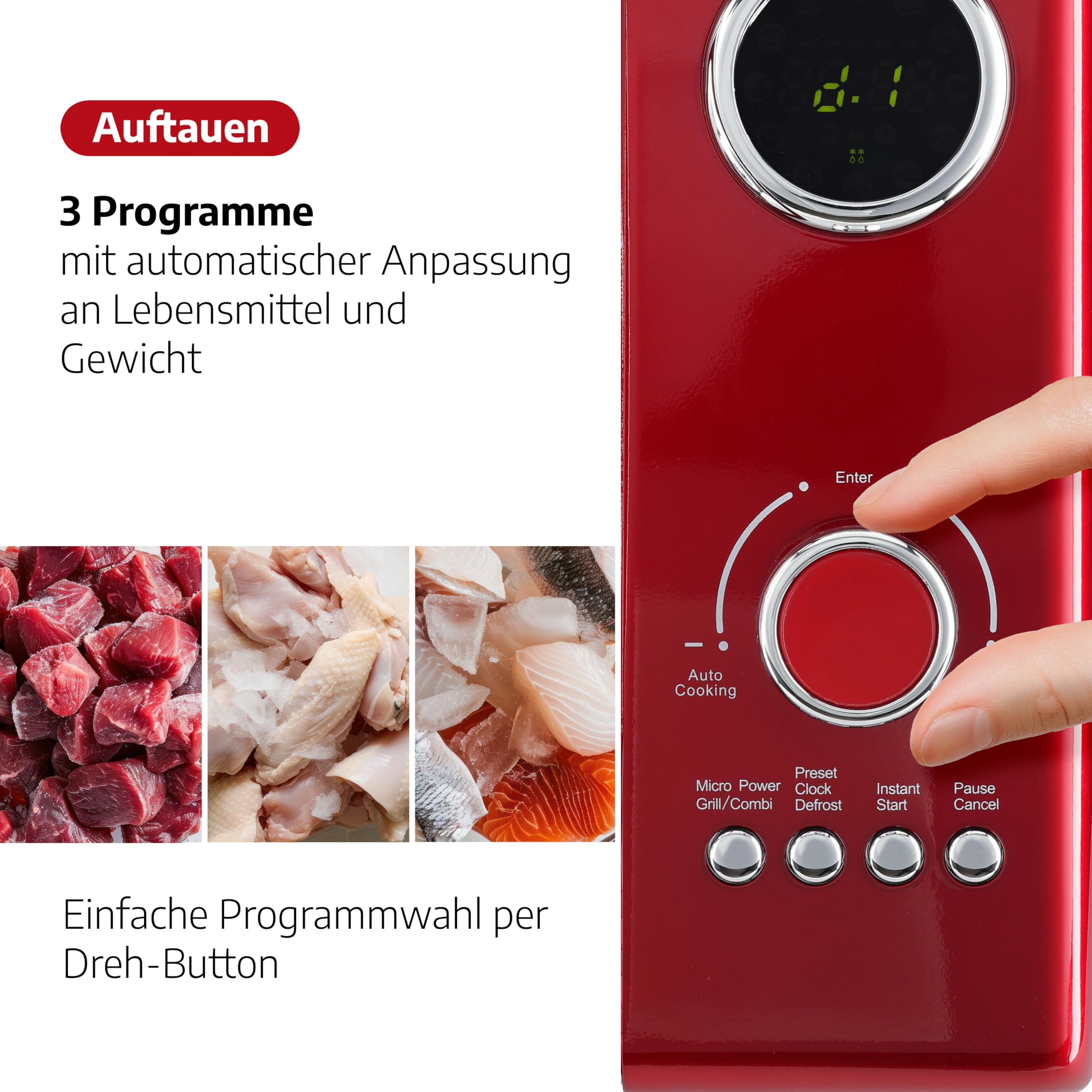 Salco Mikrowelle 2 in 1 – Retro-Style mit Grillfunktion - 23 l Garraum, metallic-rot, 900 W - 12 Funktionen inkl. Auftauen, Grillen & Wärmen, Express-Funktion - inkl. Drehteller & Grillaufsatz