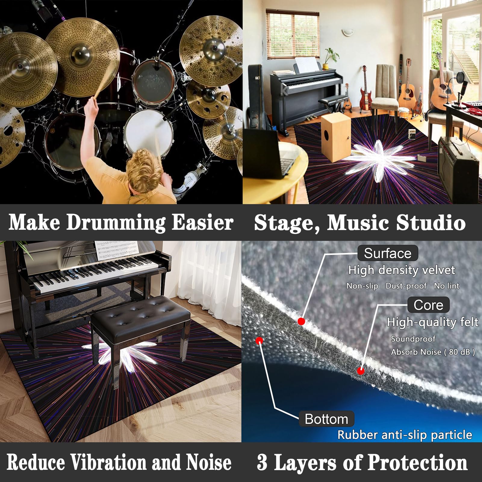 Tappetino professionale per batteria, 140 x 100 cm, insonorizzante, protezione per pavimento per batteria elettronica, grancassa e rullante, accessori per musicisti e gruppi musicali