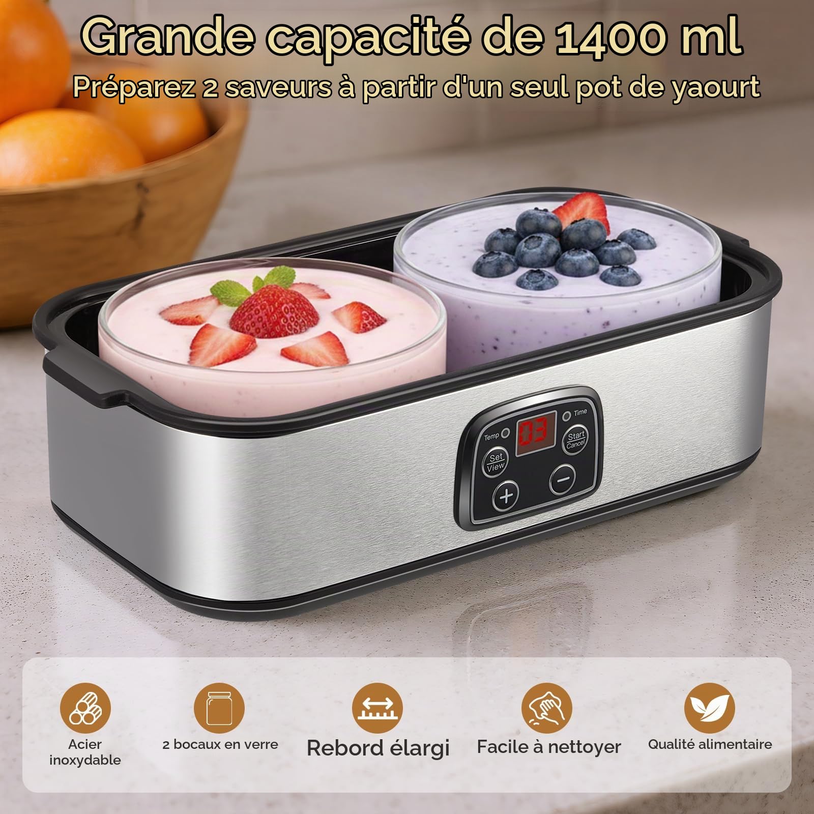 Yaourtière 2 l, yaourtière avec écran LED et 2 récipients en verre de 1000 ml, yaourtière avec température et minuterie réglables, yaourtière pour yaourt bio, fromage, natto, desserts sains